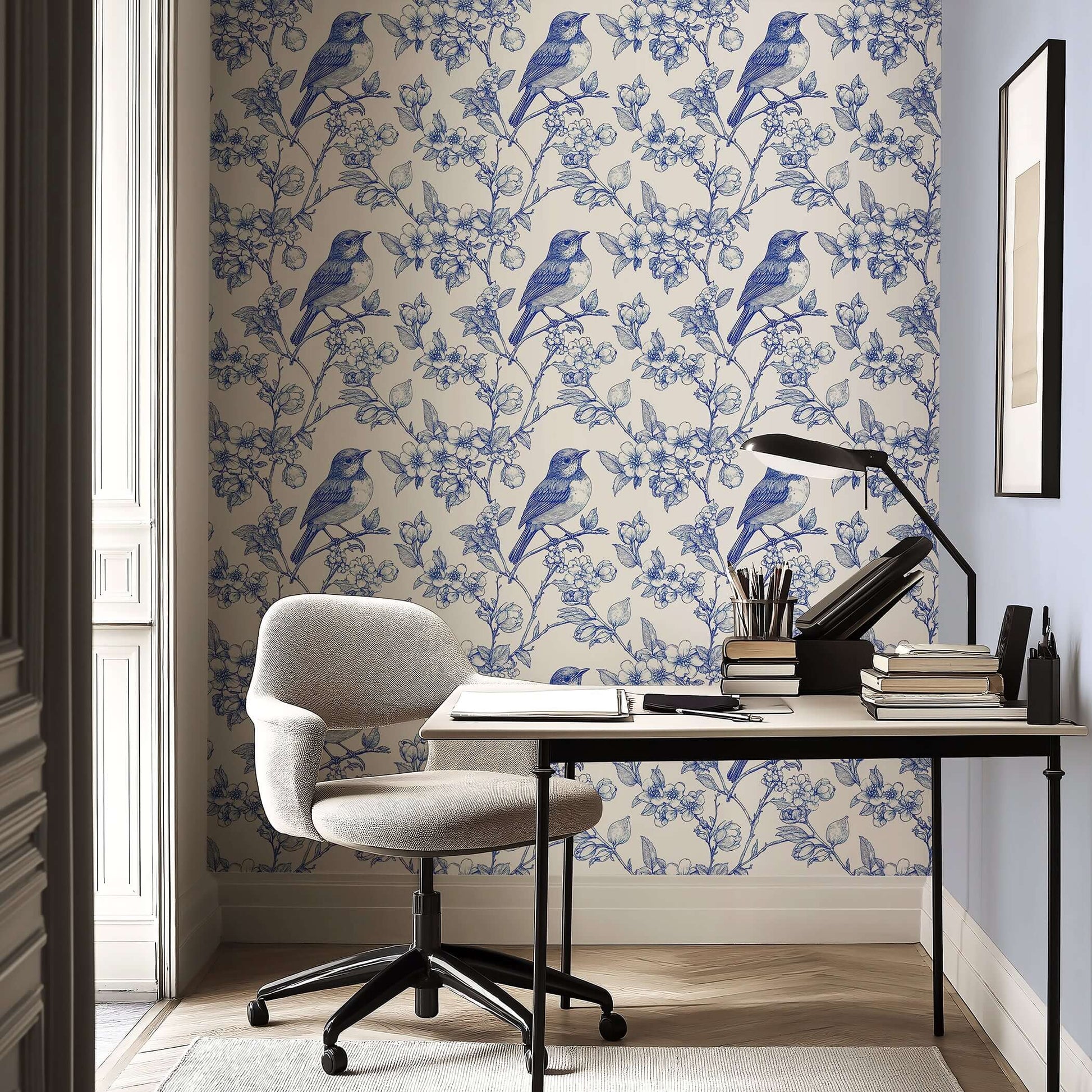 Songbird Garden Toile II Wallpaper with blue songbirds on branches, blending vintage and contemporary toile style for classic elegance.
