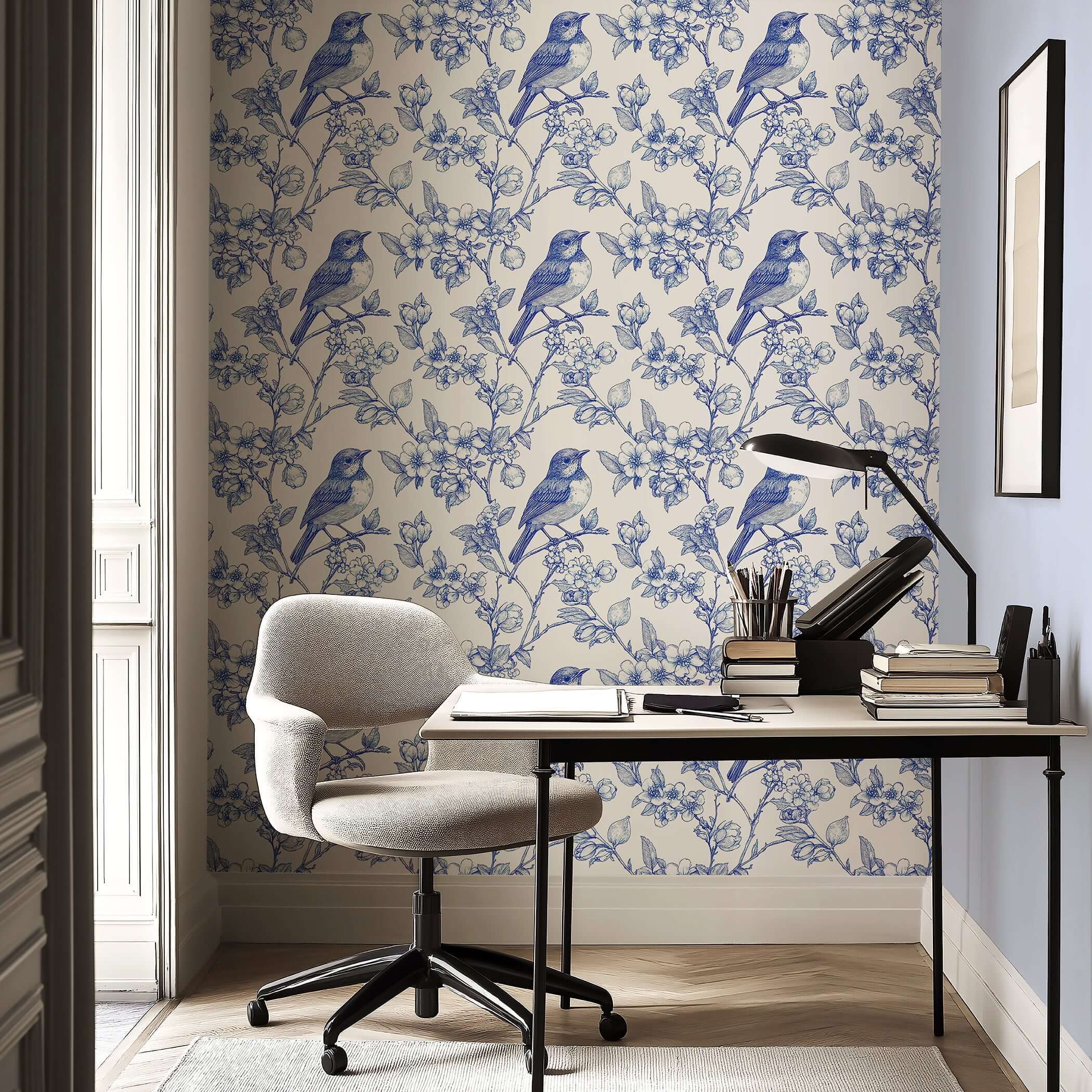 Songbird Garden Toile II Wallpaper with blue songbirds on branches, blending vintage and contemporary toile style for classic elegance.