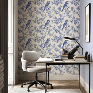 Songbird Garden Toile II Wallpaper with blue songbirds on branches, blending vintage and contemporary toile style for classic elegance.