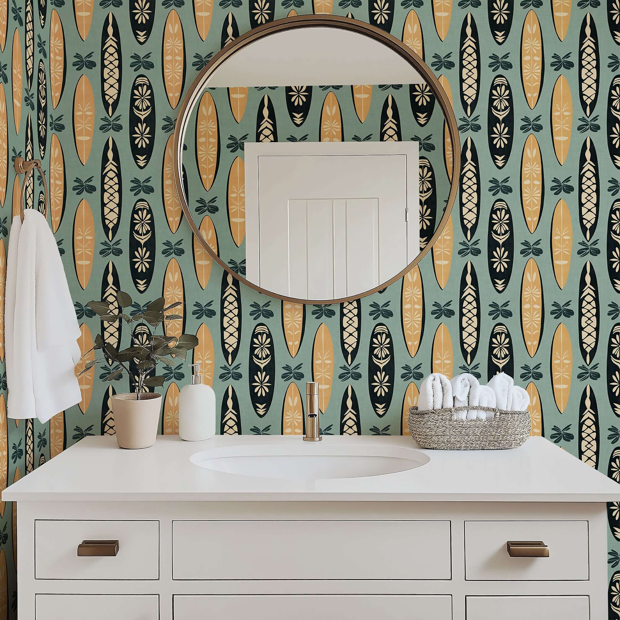 Aloha Boards coastal wallpaper featuring tropical surfboards creating a relaxed island atmosphere; ideal for ocean-themed decor.