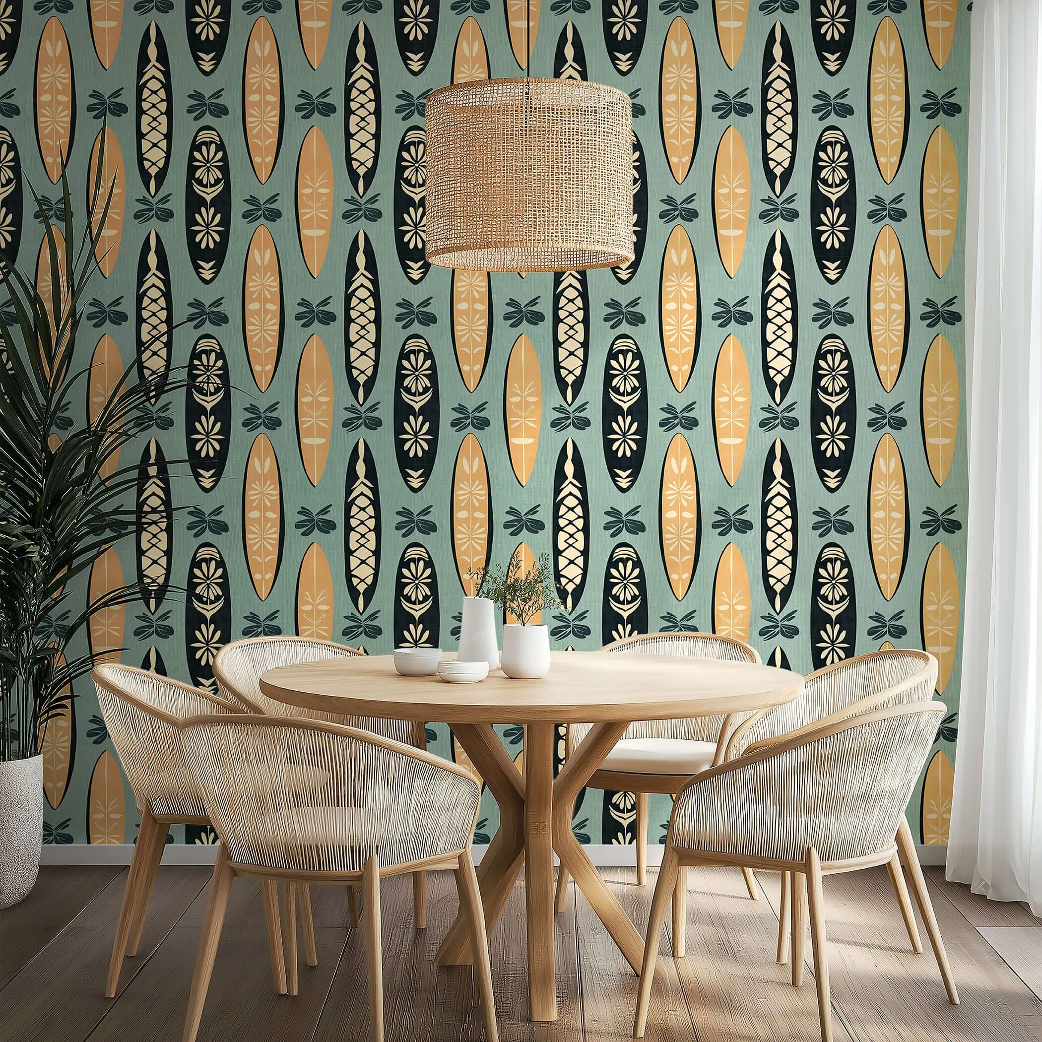 Surfboard-themed wallpaper with tropical motifs and mid-century modern design, perfect for coastal homes and beach decor.