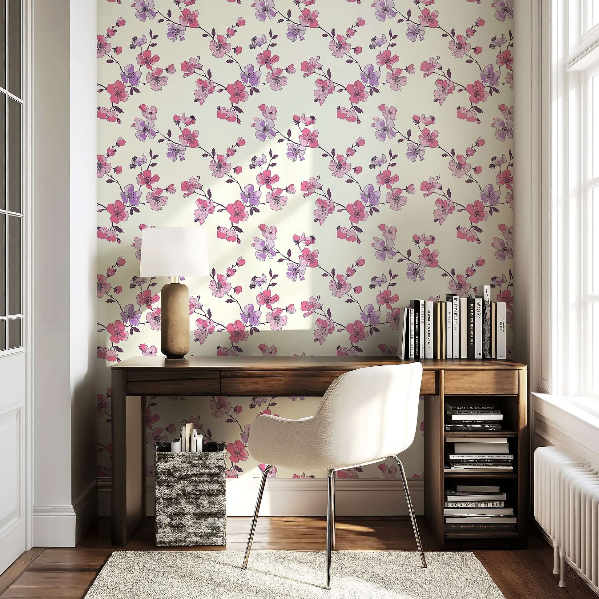 Elegant room with modern "Botanical Blush" wallpaper featuring pink and lilac floral branches, enhancing contemporary home décor.