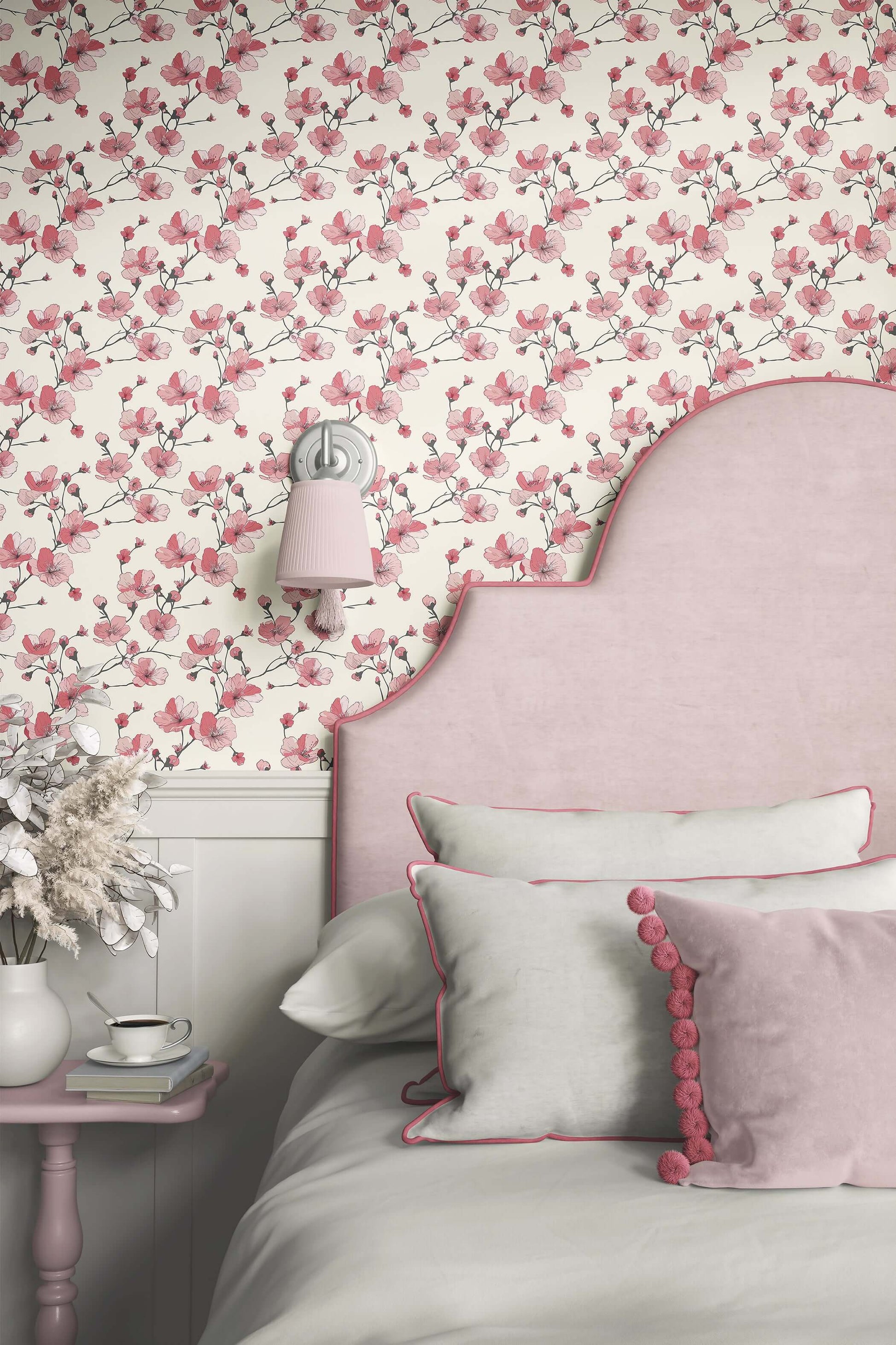 Contemporary wallpaper with pink cherry blossoms on ivory, enhancing a modern bedroom with romantic floral elegance.
