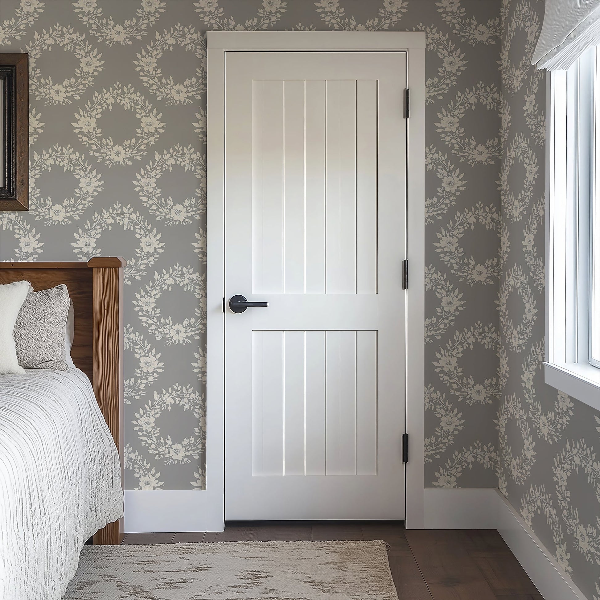 Elegant room with Chic Wreath Design wallpaper featuring ivory floral laurels on gray, adding a traditional touch to interiors.