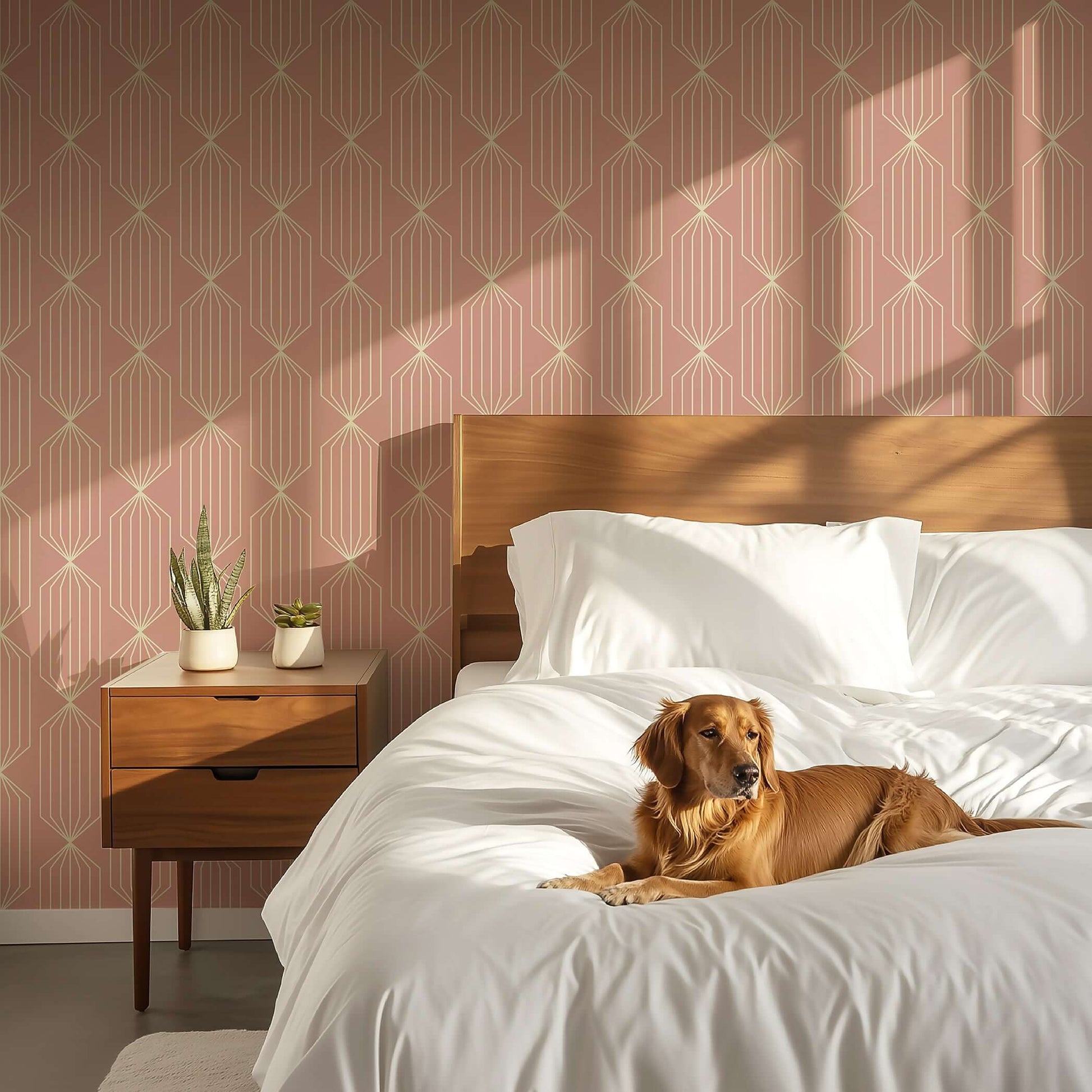 Bedroom with "Peach Prism Panels" wallpaper, mid-century modern design featuring geometric patterns in peach and gold, with a dog on the bed.