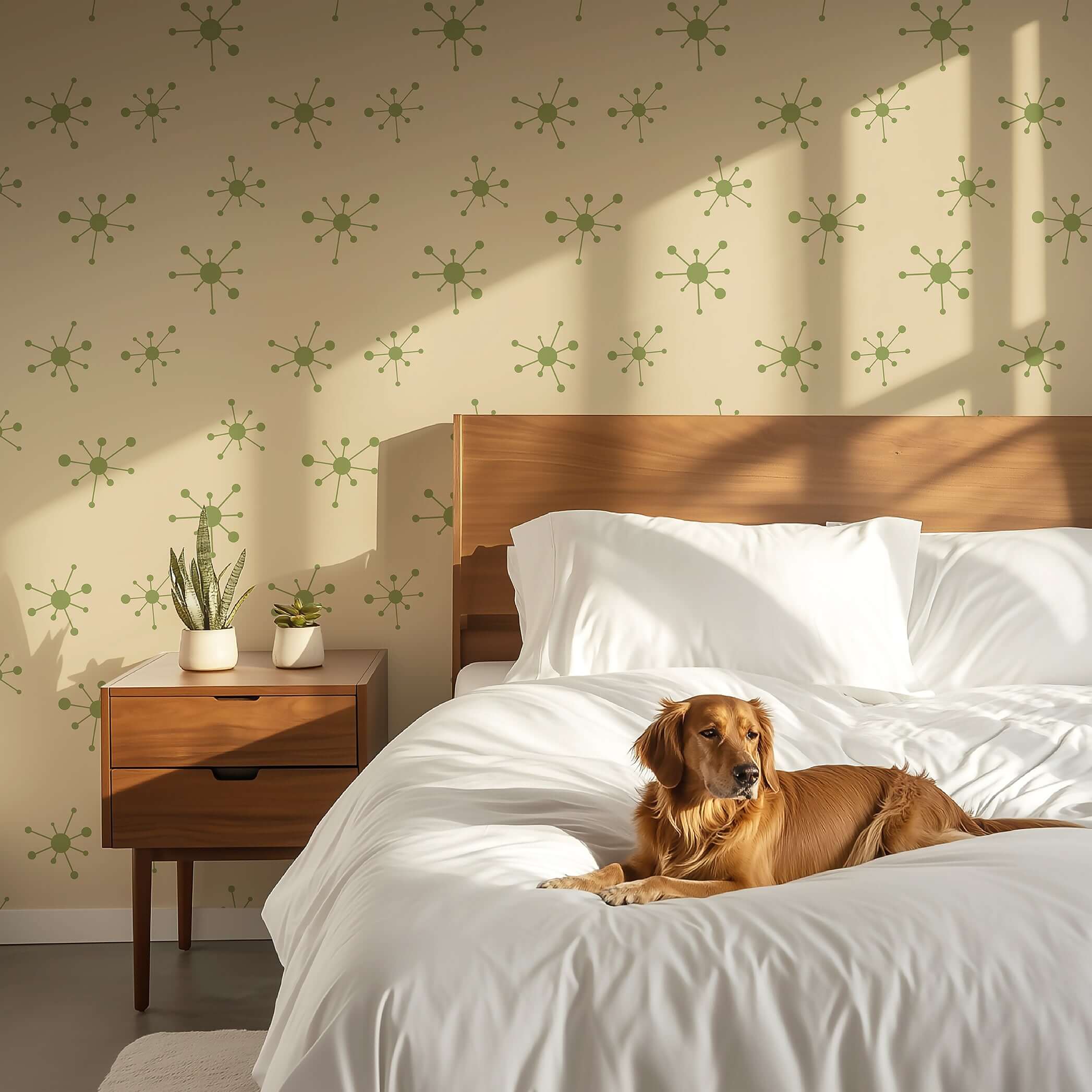 Mid-century modern bedroom featuring retro atomic age dots wallpaper with geometric pattern, wood furniture, and a dog on the bed.