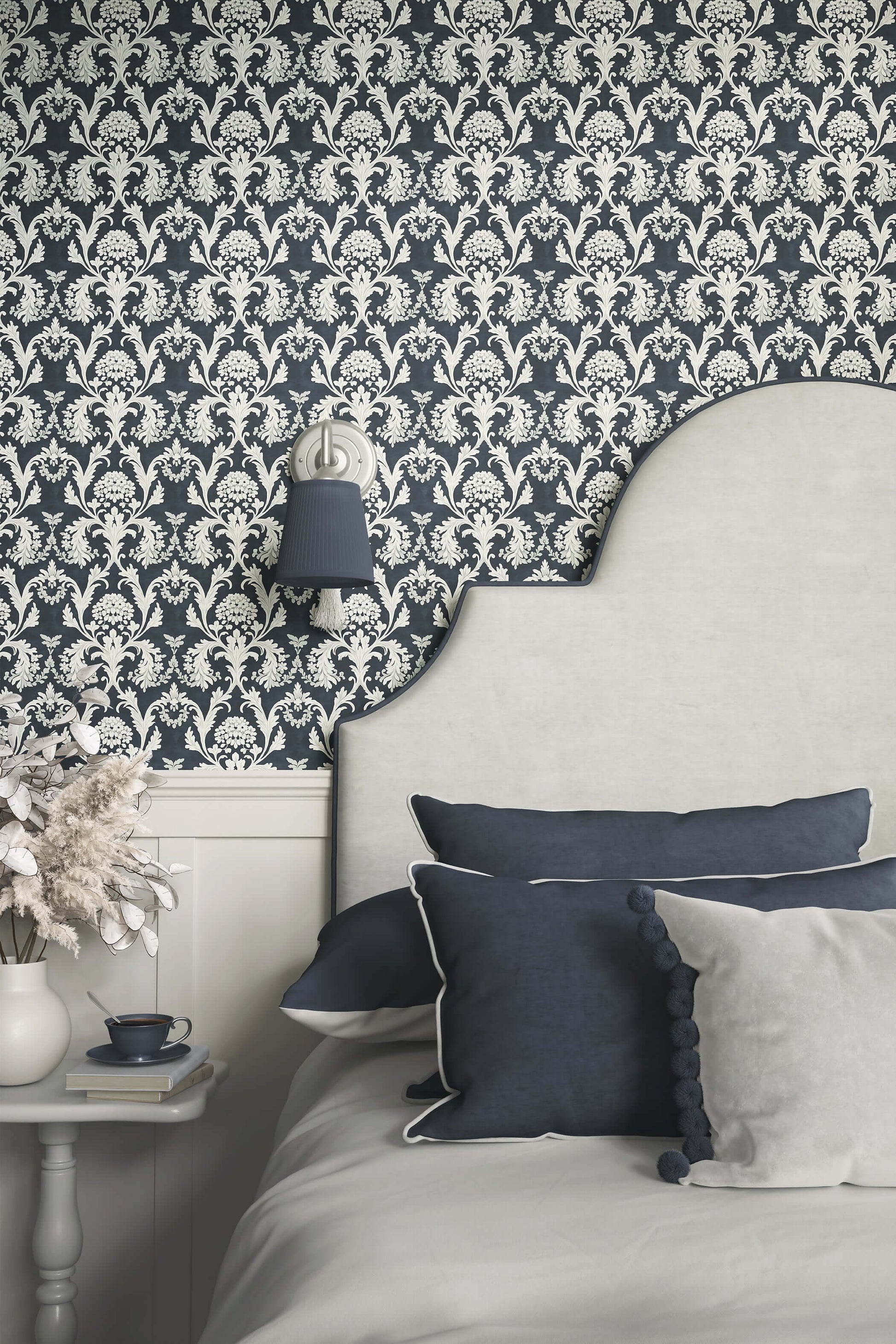 Elegant bedroom with floral damask vintage design wallpaper and chic blue and gray decor, showcasing timeless baroque artistry.
