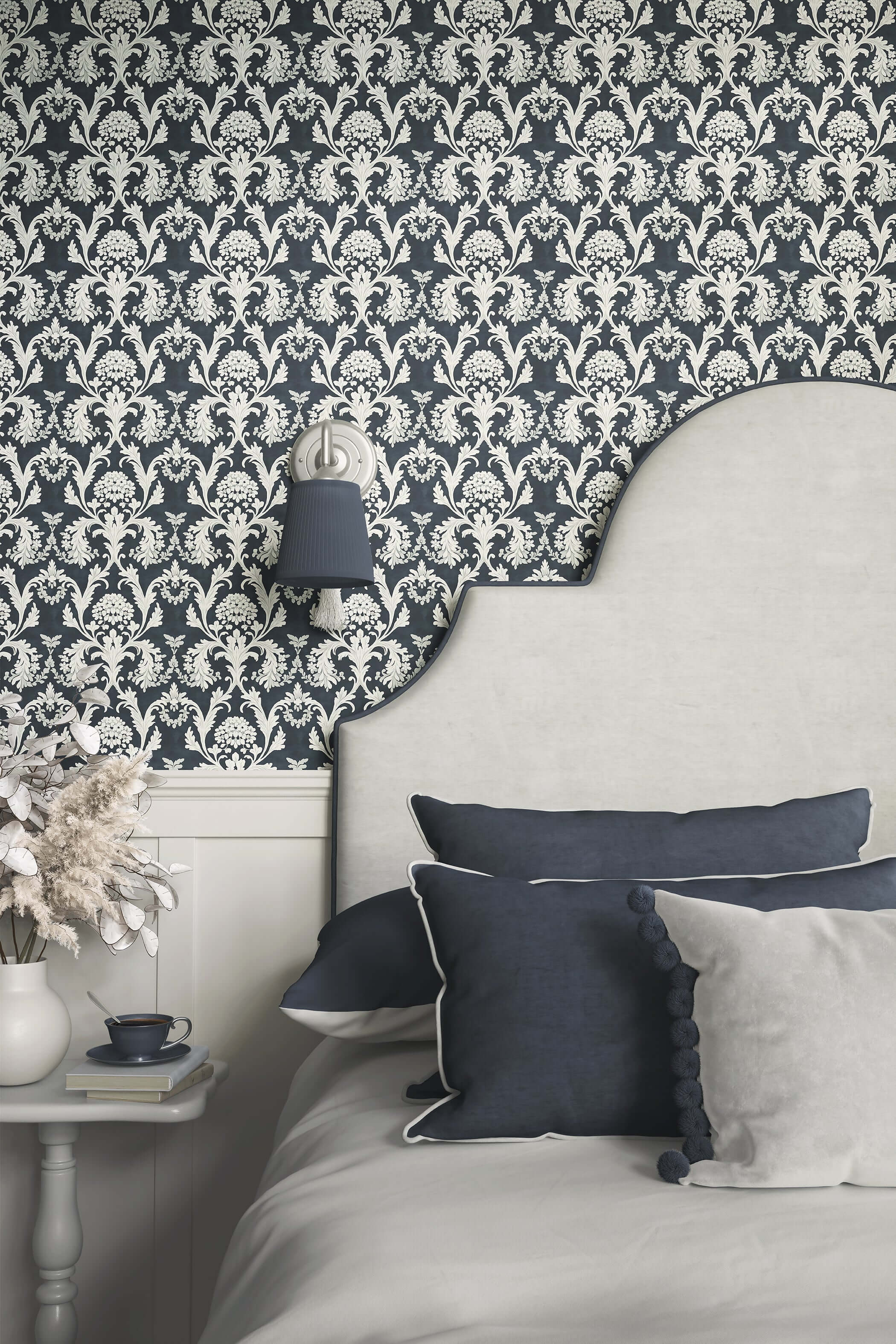 Elegant bedroom with floral damask vintage design wallpaper and chic blue and gray decor, showcasing timeless baroque artistry.