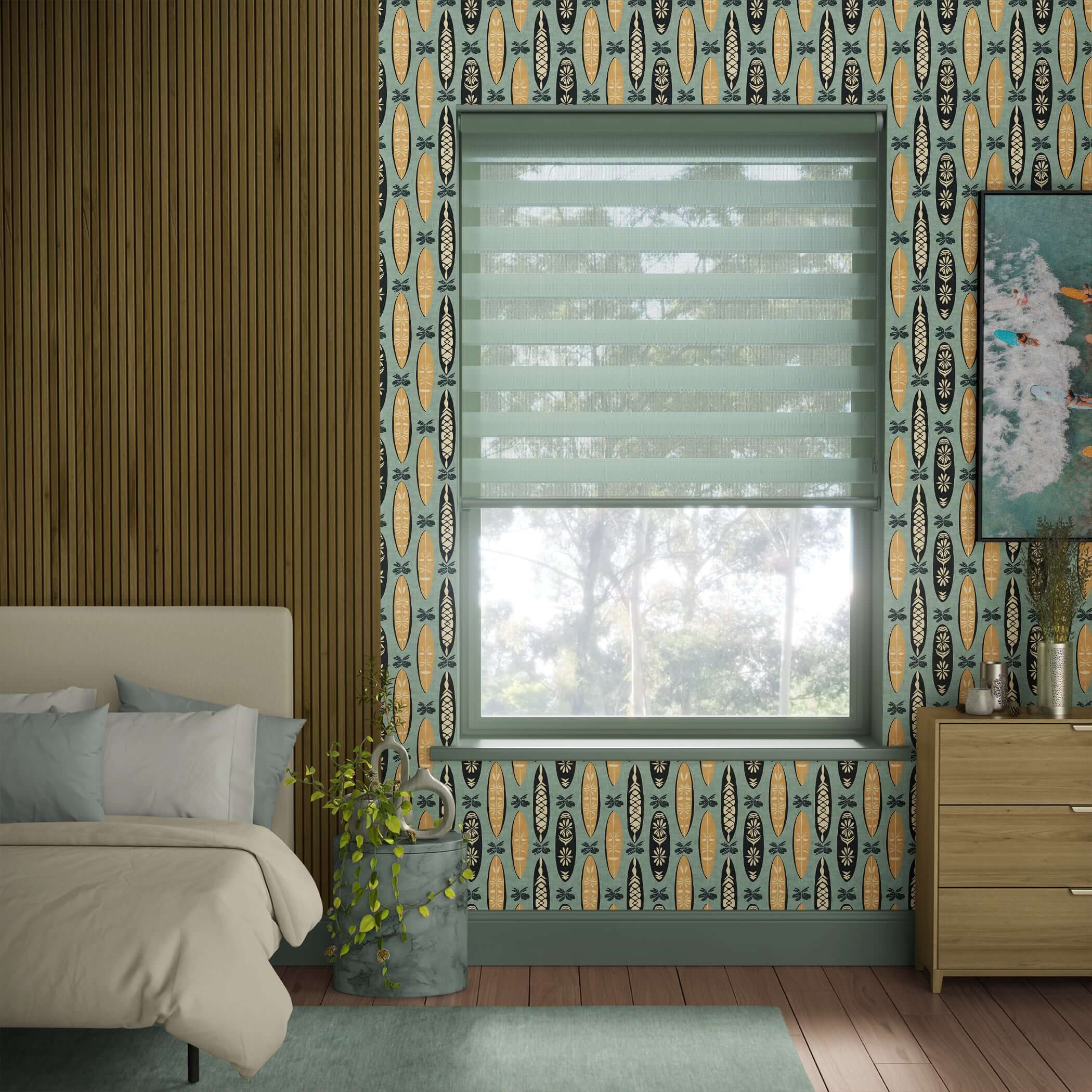 Bedroom with Aloha Boards wallpaper featuring tropical surfboards, creating a coastal and mid-century modern ambiance.