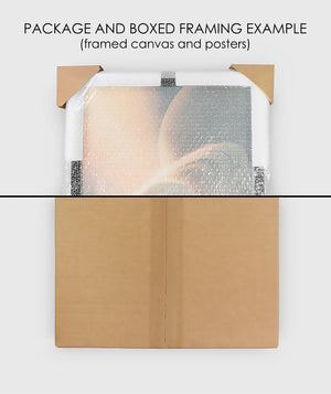 Boxed packaging example for framed canvas and posters, showing protective bubble wrap.