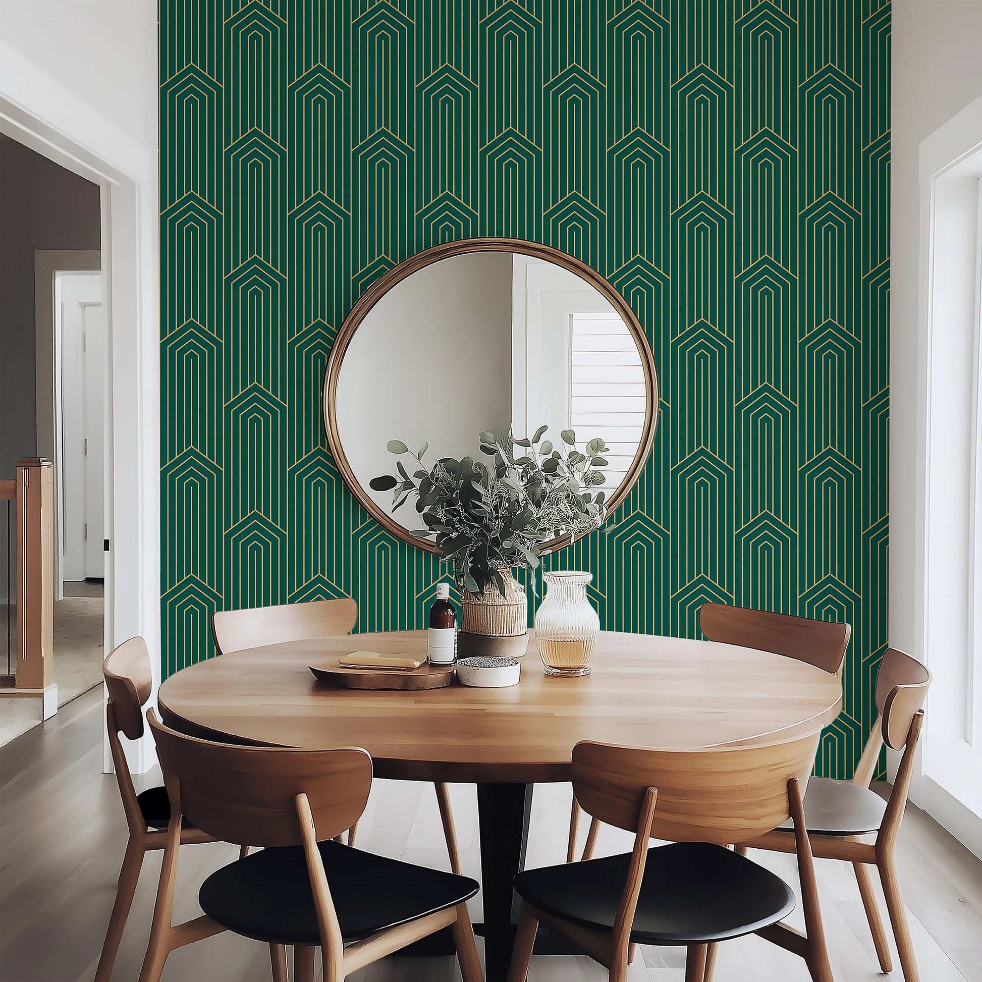 Alt Tag: Elegant green and gold art deco wallpaper with geometric chevron pattern complements modern dining room decor.