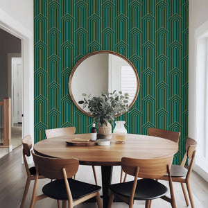 Alt Tag: Elegant green and gold art deco wallpaper with geometric chevron pattern complements modern dining room decor.