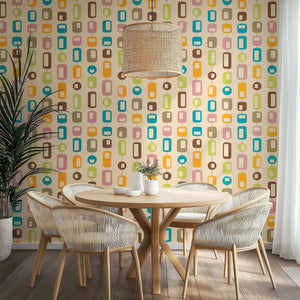 Mid-century-modern geometric wallpaper with colorful linked ovals and rectangles, ideal for retro-inspired home decor.