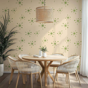 Mid-century modern retro wallpaper with green atomic dot patterns on a beige wall, enhancing a vintage dining room space with decor.