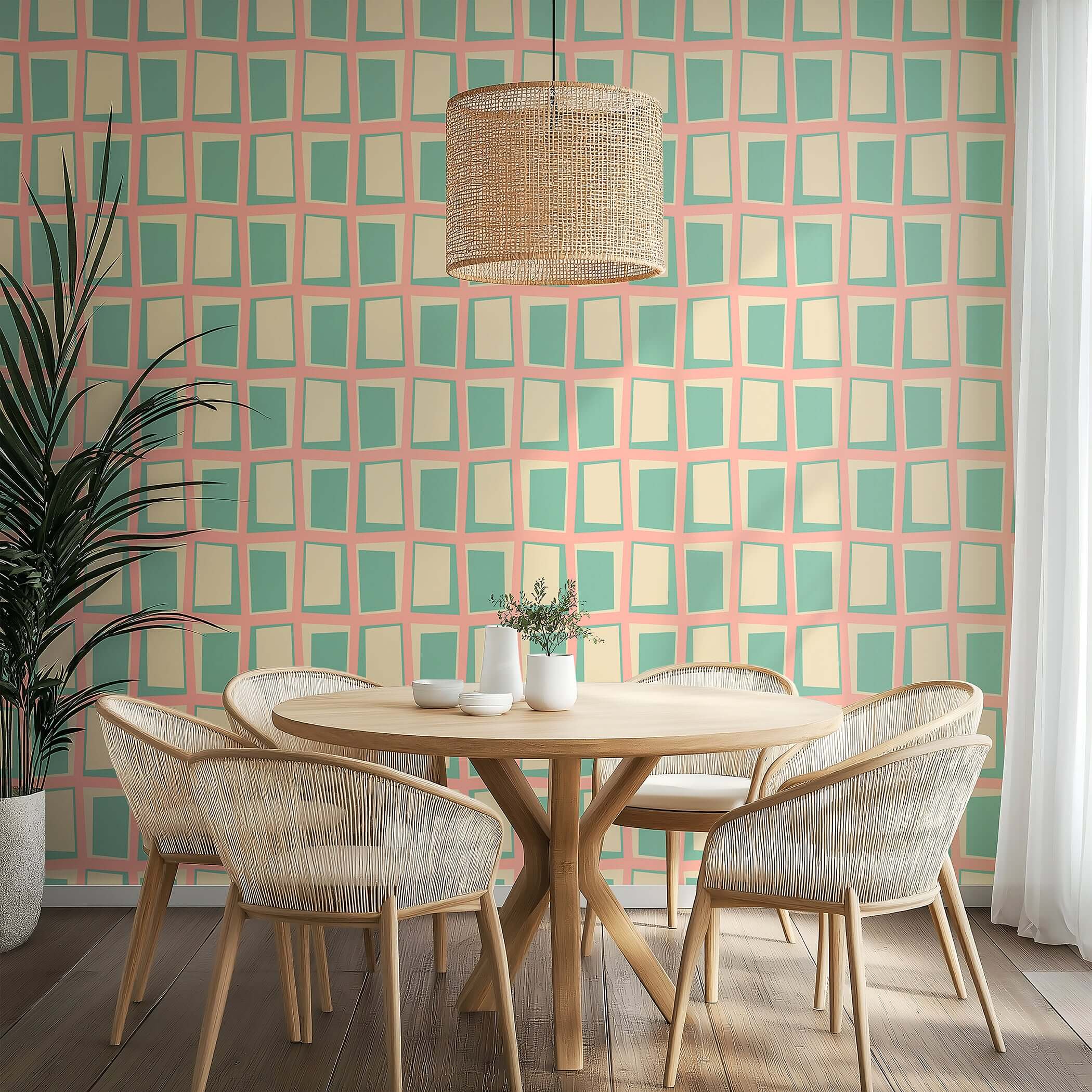 Atomic Windowpane Wallpaper featuring a retro geometric design in mint green and cream, ideal for mid-century modern decor.