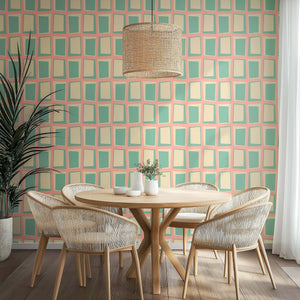 Atomic Windowpane Wallpaper featuring a retro geometric design in mint green and cream, ideal for mid-century modern decor.