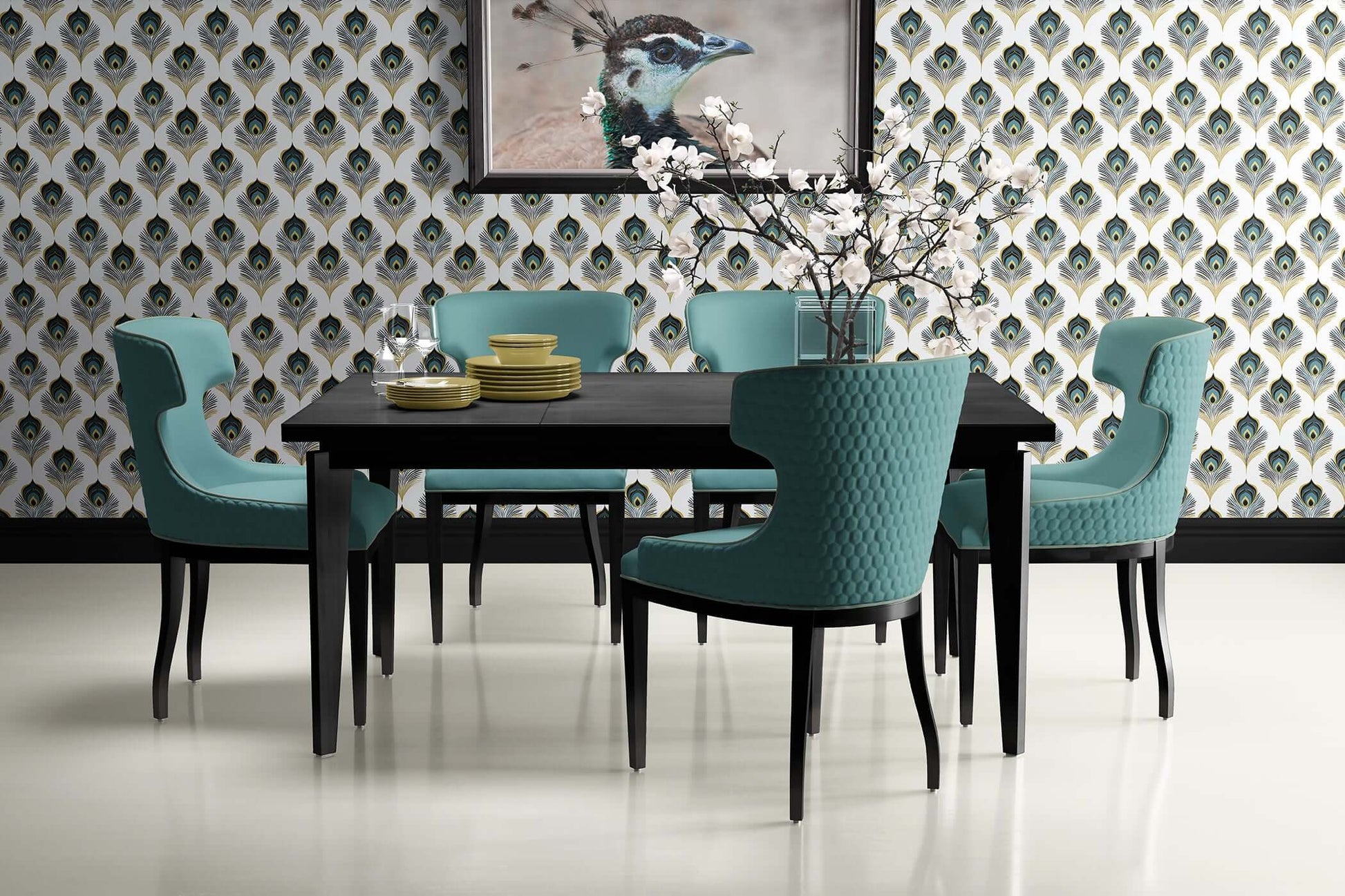 Dining room with teal chairs and black table set against sophisticated plume peacock feather wallpaper, art deco style.