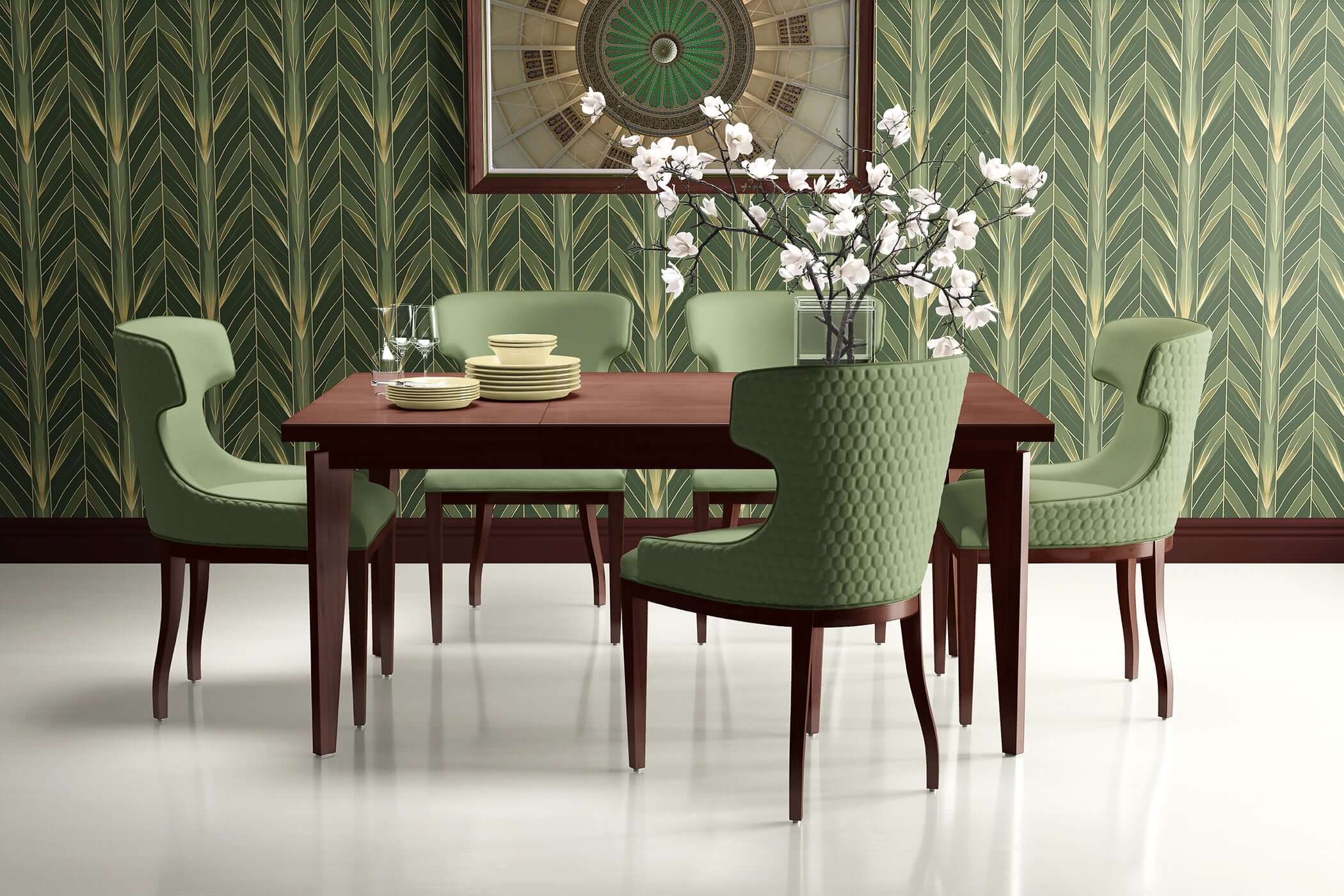 Art Deco dining room with green botanical wallpaper and elegant green chairs around a wooden table.