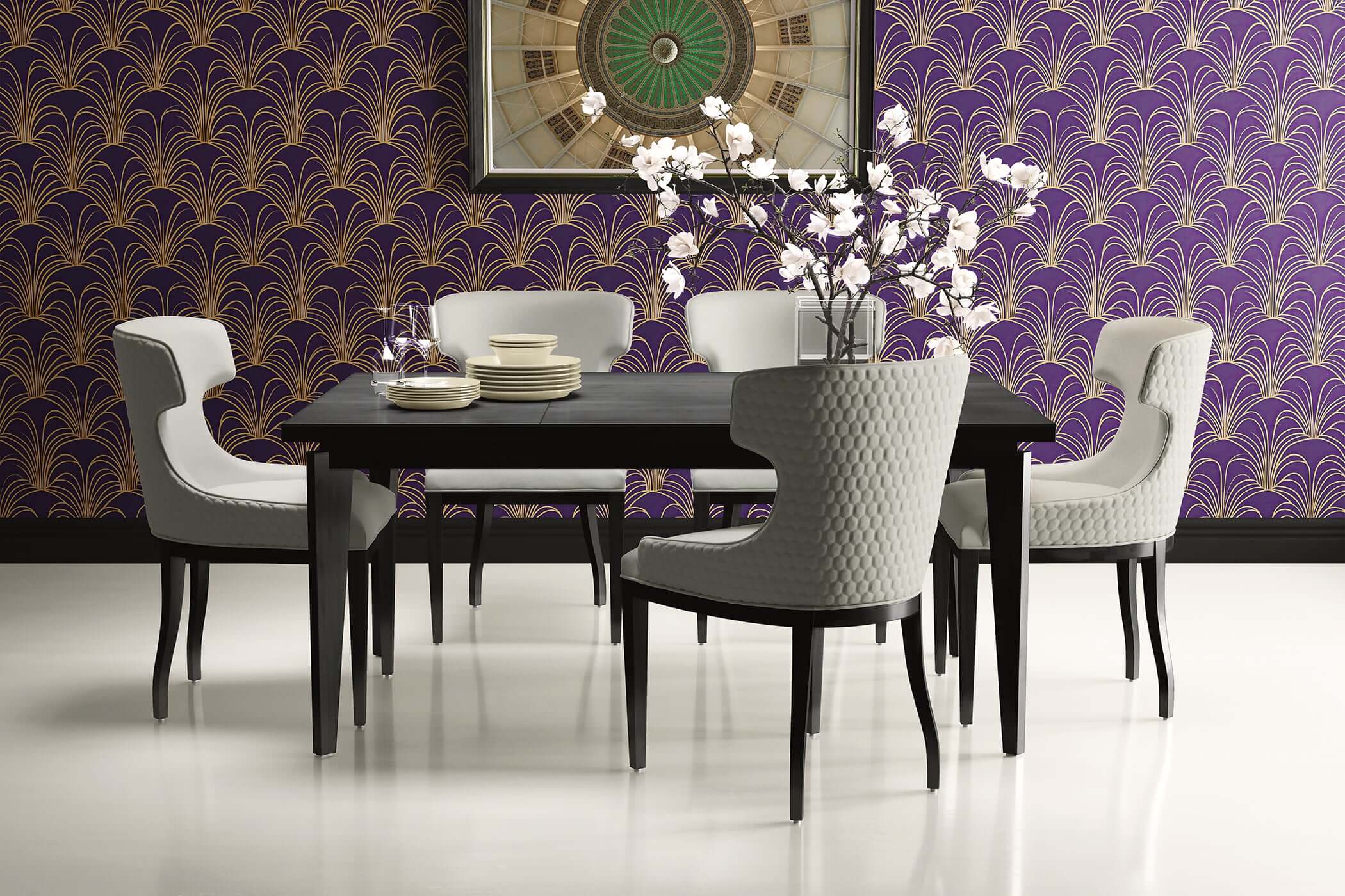 Elegant dining room with Opulent Arch Deco wallpaper featuring gold fan-like arches on deep plum, embodying Art Deco luxury.