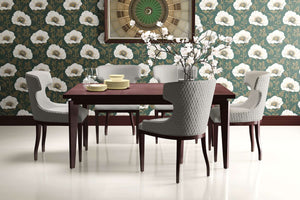 Dining room with Vintage Poppy Charm Wallpaper, featuring ivory poppies on a dark green background with gold accents.