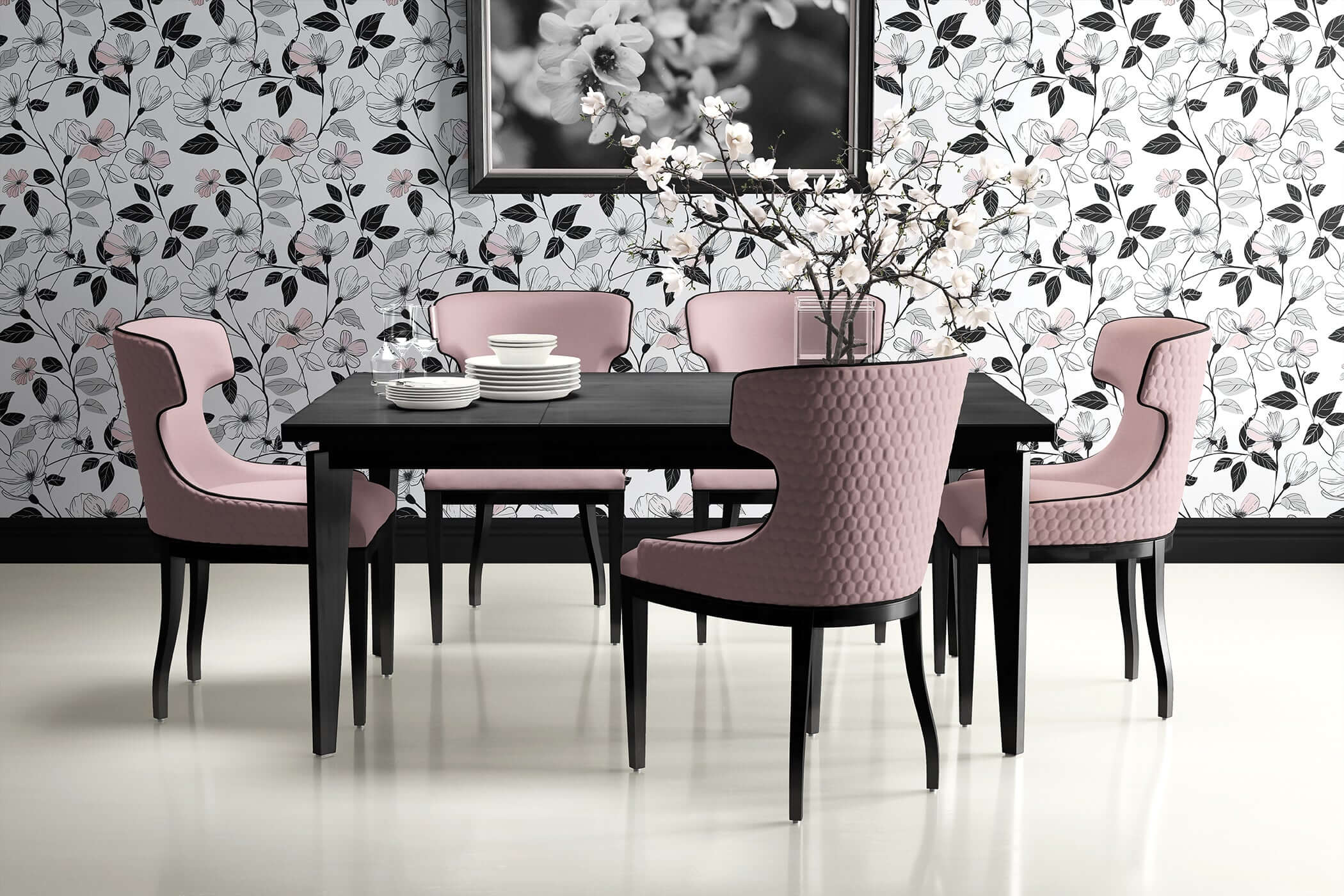 Elegant dining room with modern floral wallpaper featuring monochromatic blossoms and sleek black dining set with blush chairs.