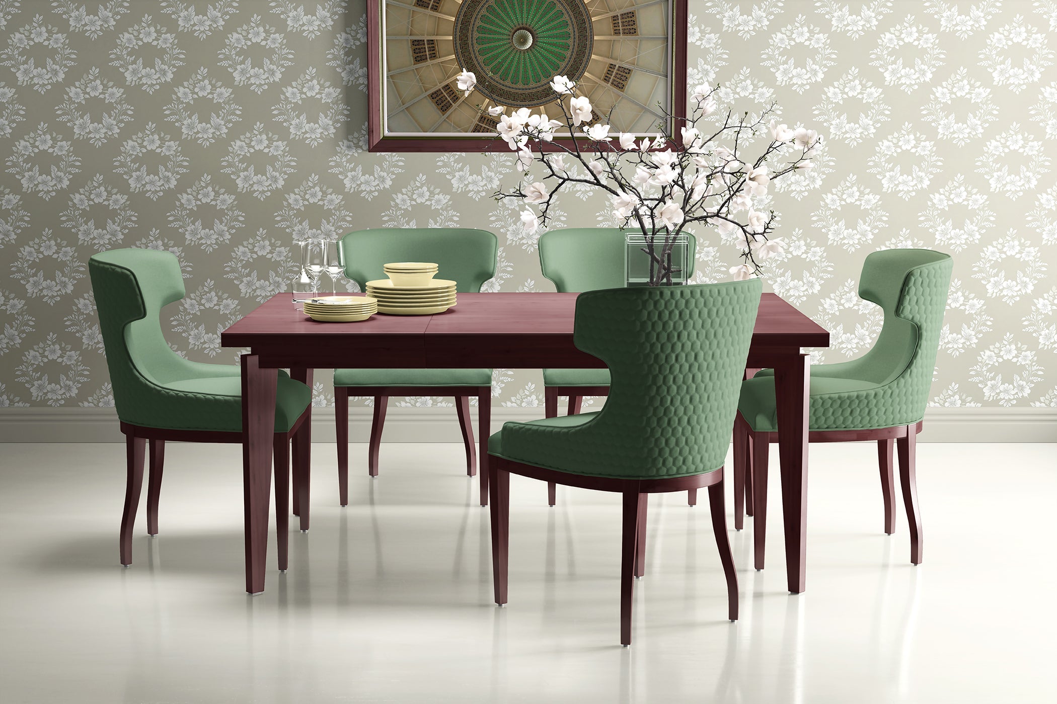 Elegant dining room with green chairs, wooden table, and Delicate Bloom Collection wallpaper featuring traditional floral motifs.