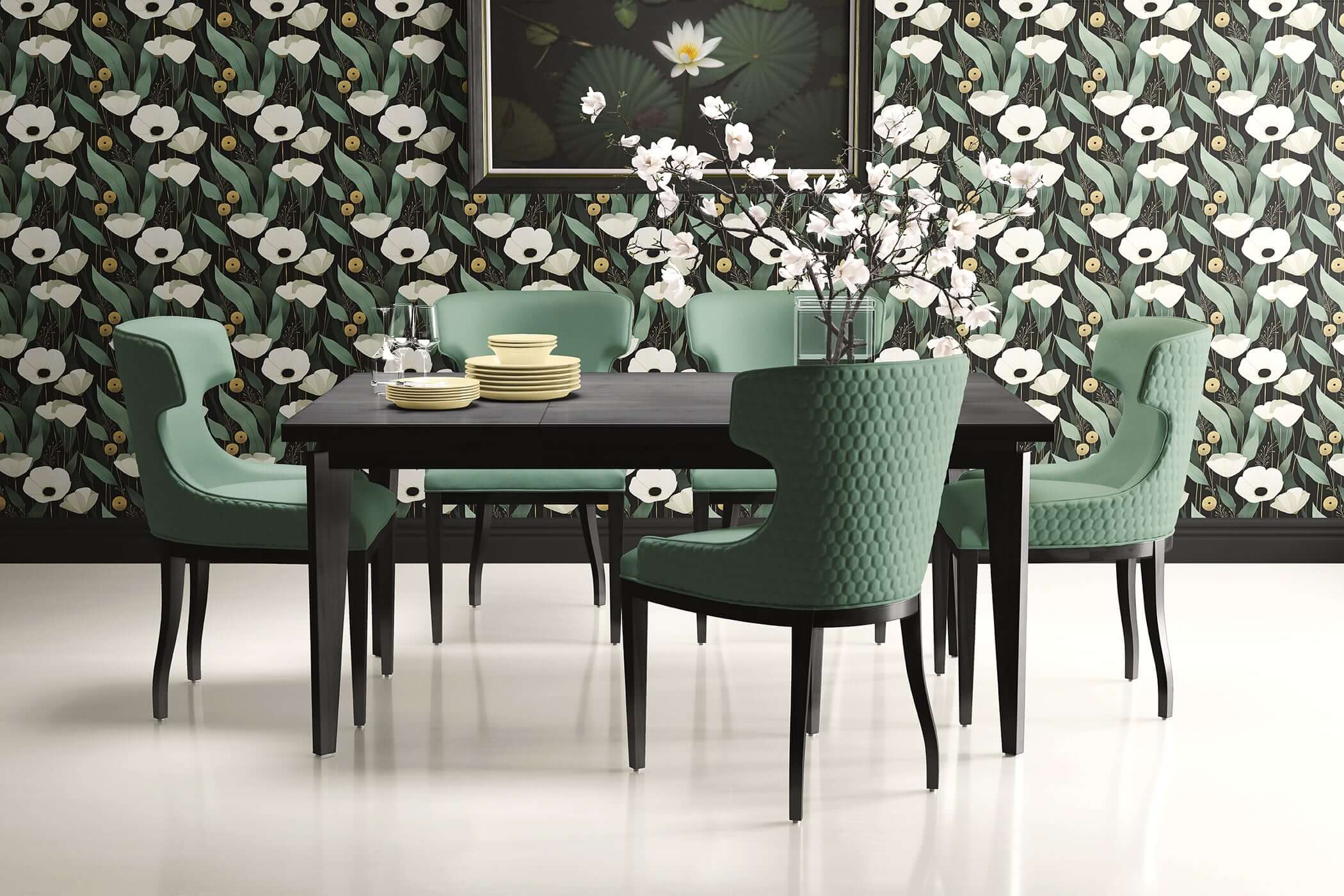Modern dining room with Gilded Night Botanicals wallpaper featuring bold white flowers, sage leaves, and gold accents on a black background.