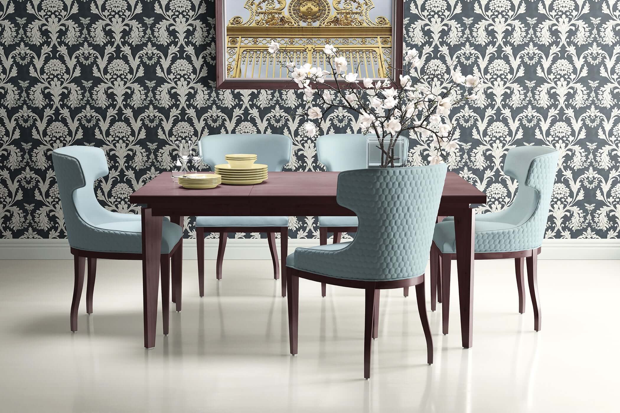 Elegant dining room featuring Timeless Baroque wallpaper with vintage floral damask design and sophisticated decor.