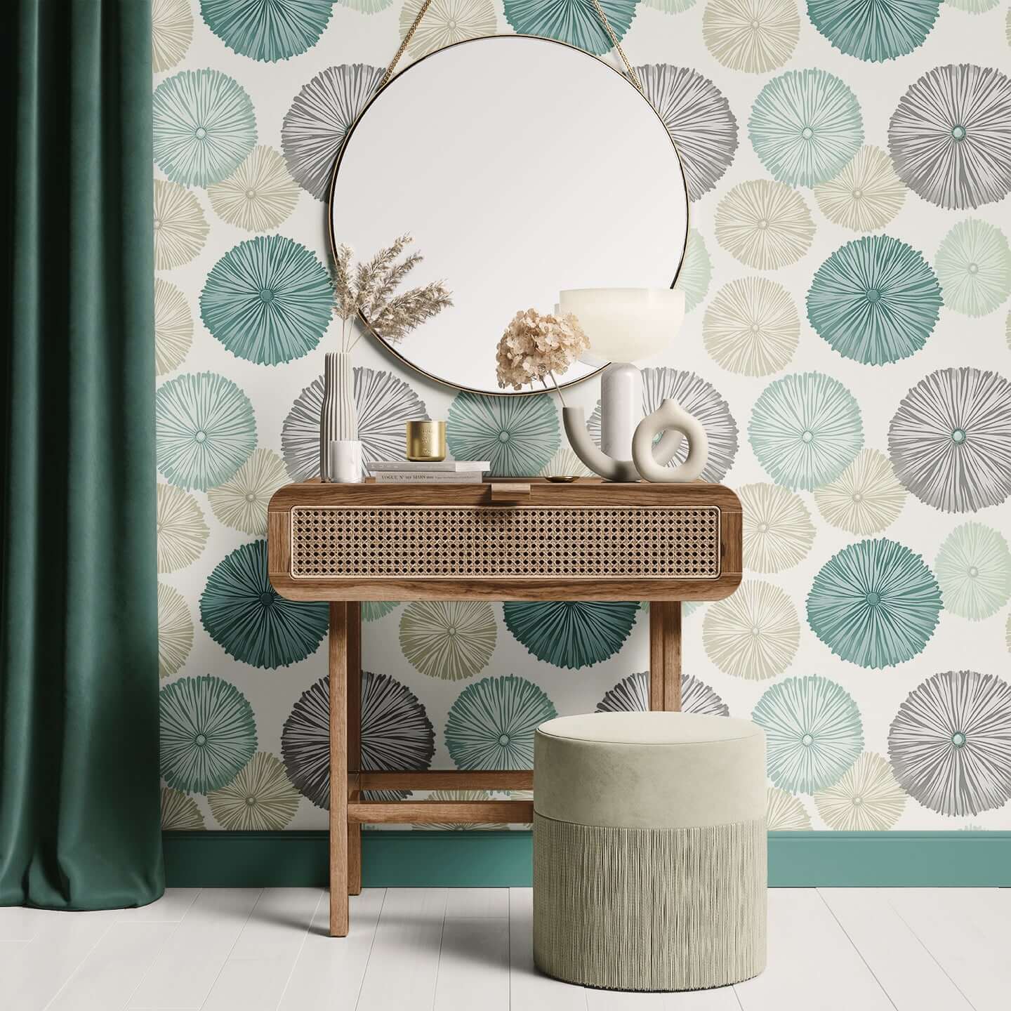 Modern Sea Urchins wallpaper in teal and gray, featuring a coastal design behind a wooden vanity and round mirror, adding beach ambiance.