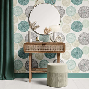 Modern Sea Urchins wallpaper in teal and gray, featuring a coastal design behind a wooden vanity and round mirror, adding beach ambiance.