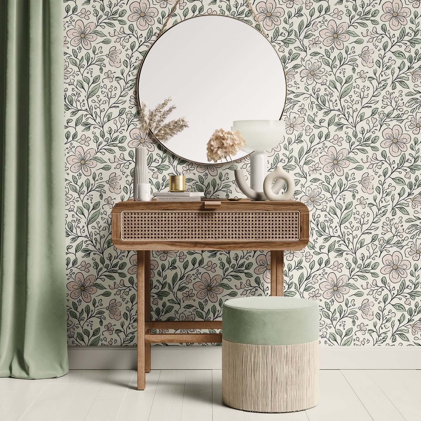 Enchanted Blossoms Wallpaper featuring hand-drawn floral patterns in natural tones, perfect for nursery or modern cottagecore design.