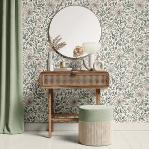 Enchanted Blossoms Wallpaper featuring hand-drawn floral patterns in natural tones, perfect for nursery or modern cottagecore design.