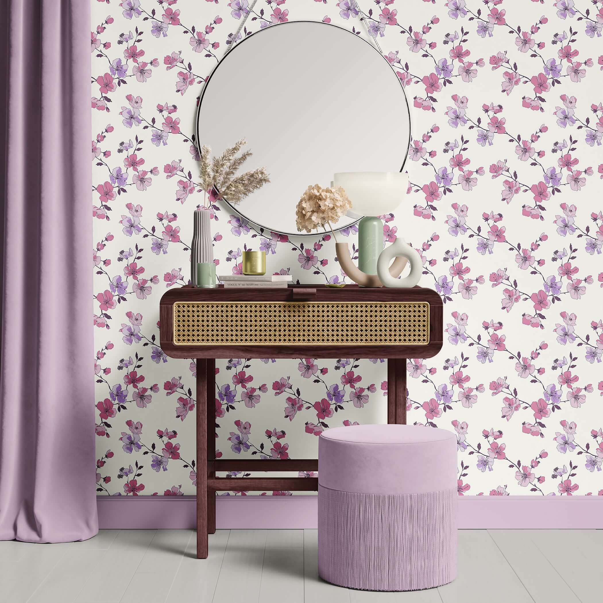 "Botanical Blush Wallpaper" showcasing pink and lilac floral design, enhancing modern décor; perfect for elegant, contemporary spaces.