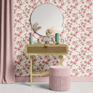Contemporary room with Cherry Blossom Serenade wallpaper featuring pink and red floral patterns on an ivory background, modern decor.