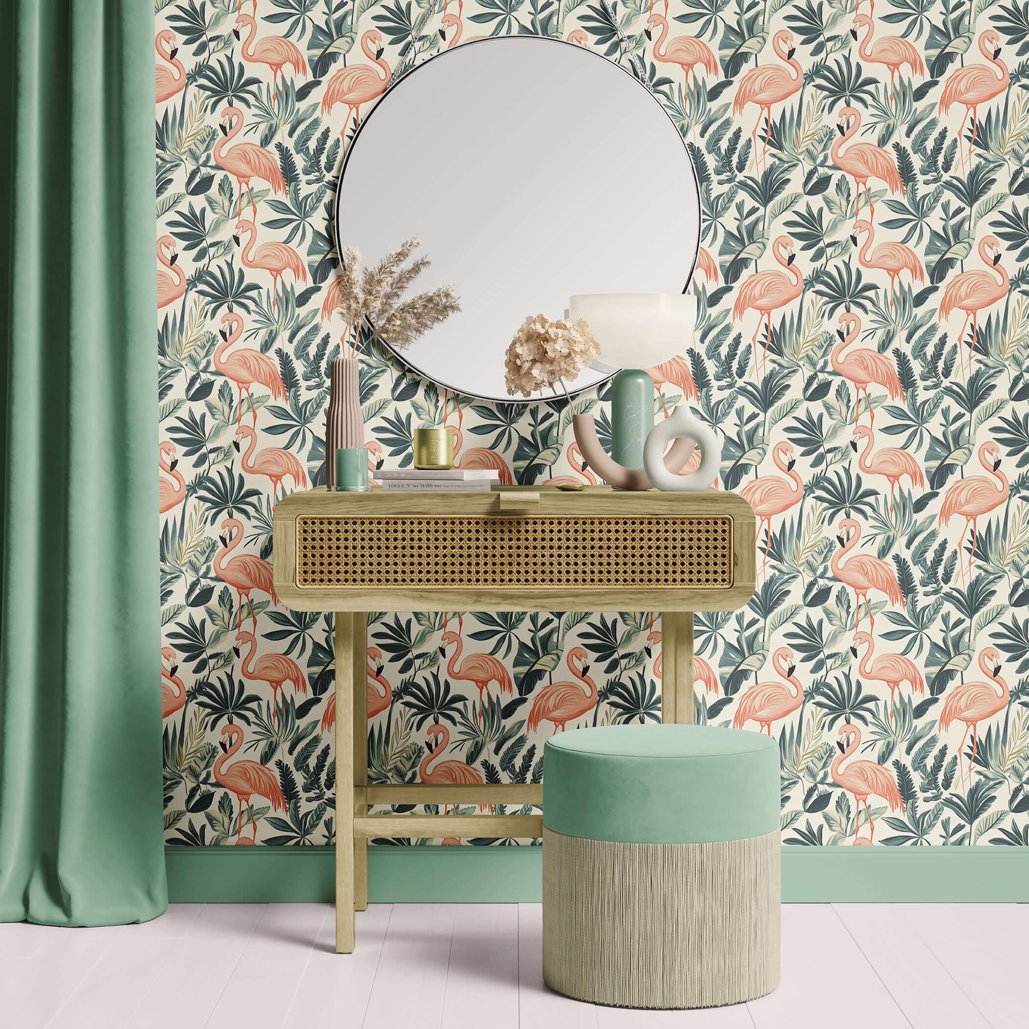 Flamingo Oasis wallpaper showcasing elegant flamingos amidst green leaves, perfect for a mid-century modern coastal decor.