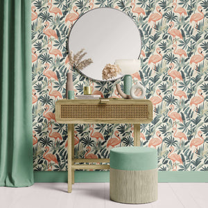 Flamingo Oasis wallpaper showcasing elegant flamingos amidst green leaves, perfect for a mid-century modern coastal decor.