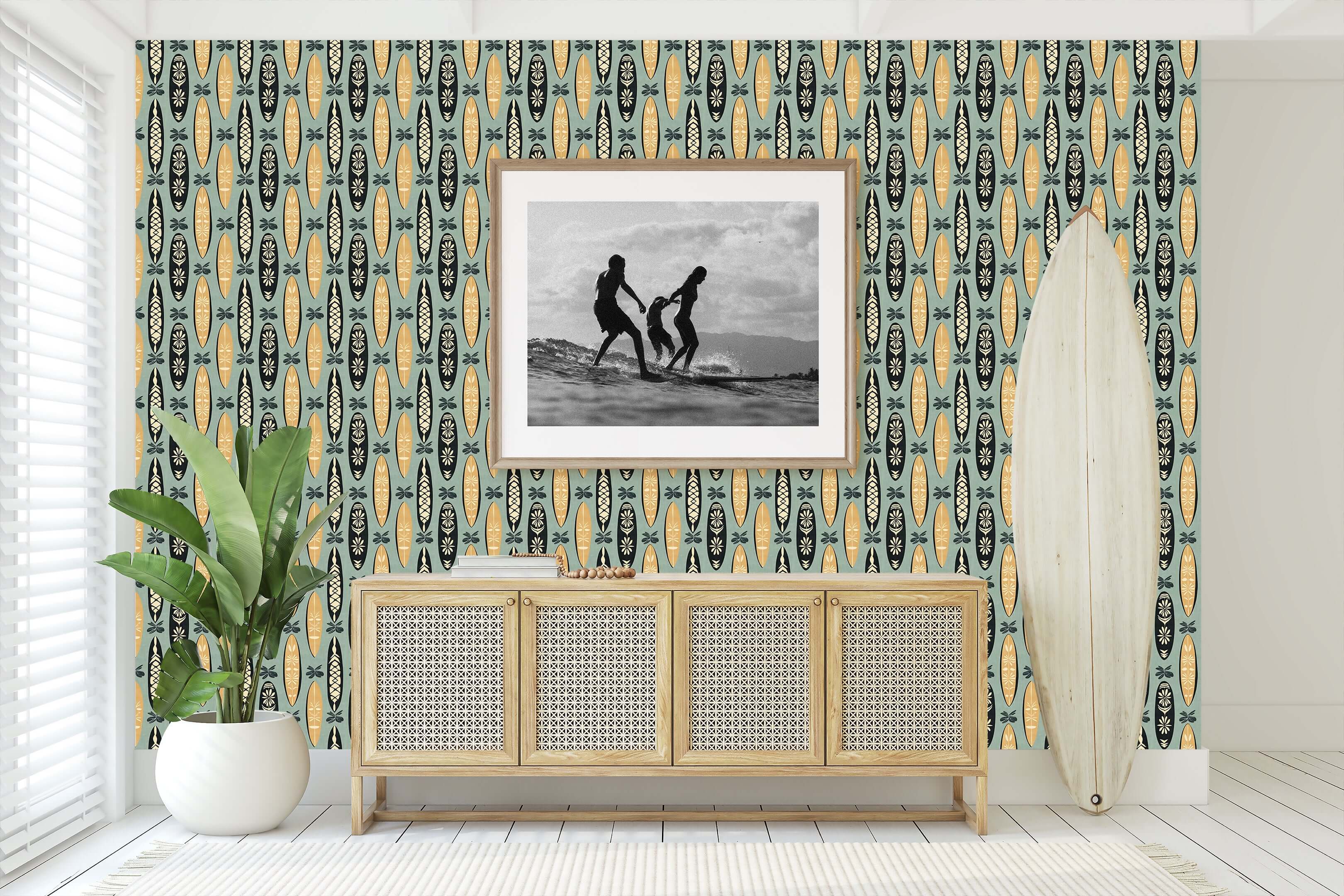 Aloha Boards coastal wallpaper featuring surfboards with tropical designs in a mid-century modern room, ideal for ocean and marine-themed decor.