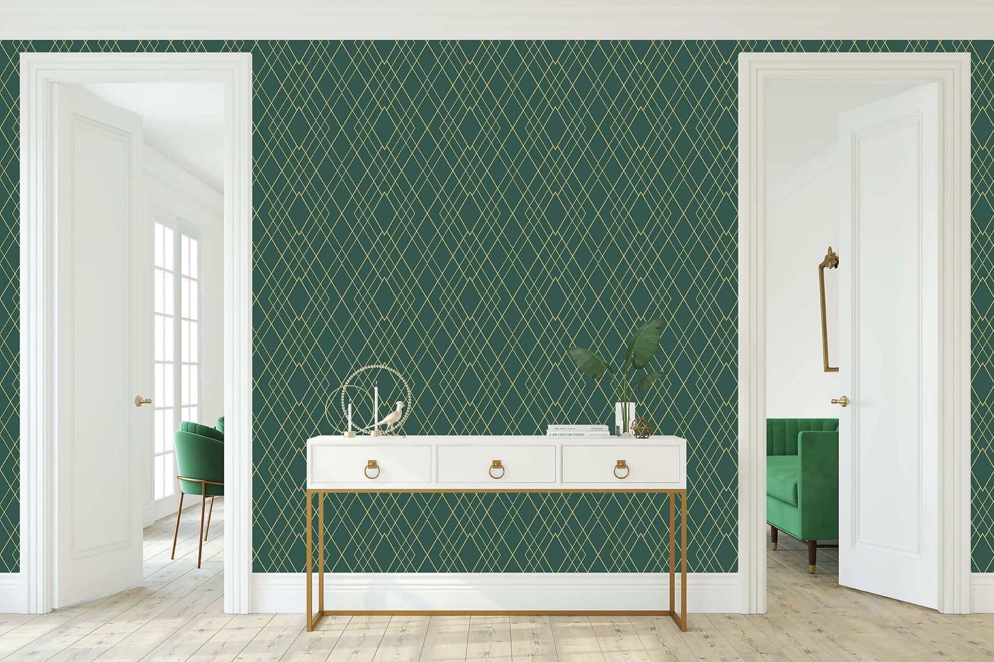 Art Deco green and gold geometric wallpaper adds elegance to modern interiors.