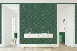 Art Deco green and gold geometric wallpaper adds elegance to modern interiors.
