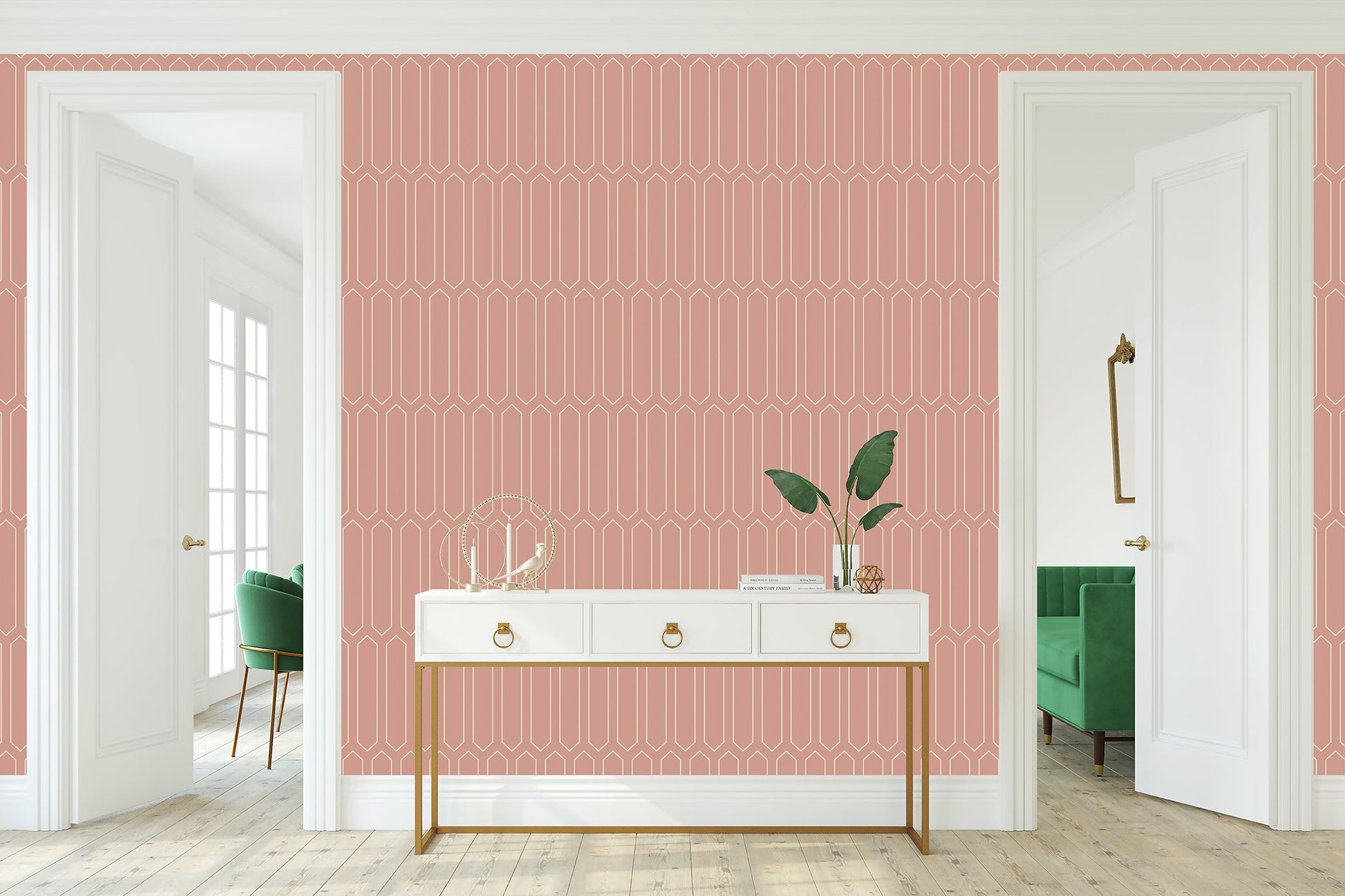 Alt Tag: Art deco wallpaper with geometric ivory lines on blush pink background, perfect for retro and minimalist interiors.