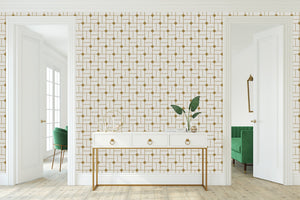Art Deco retro gilded maze wallpaper with gold geometric pattern on white background in stylish room.