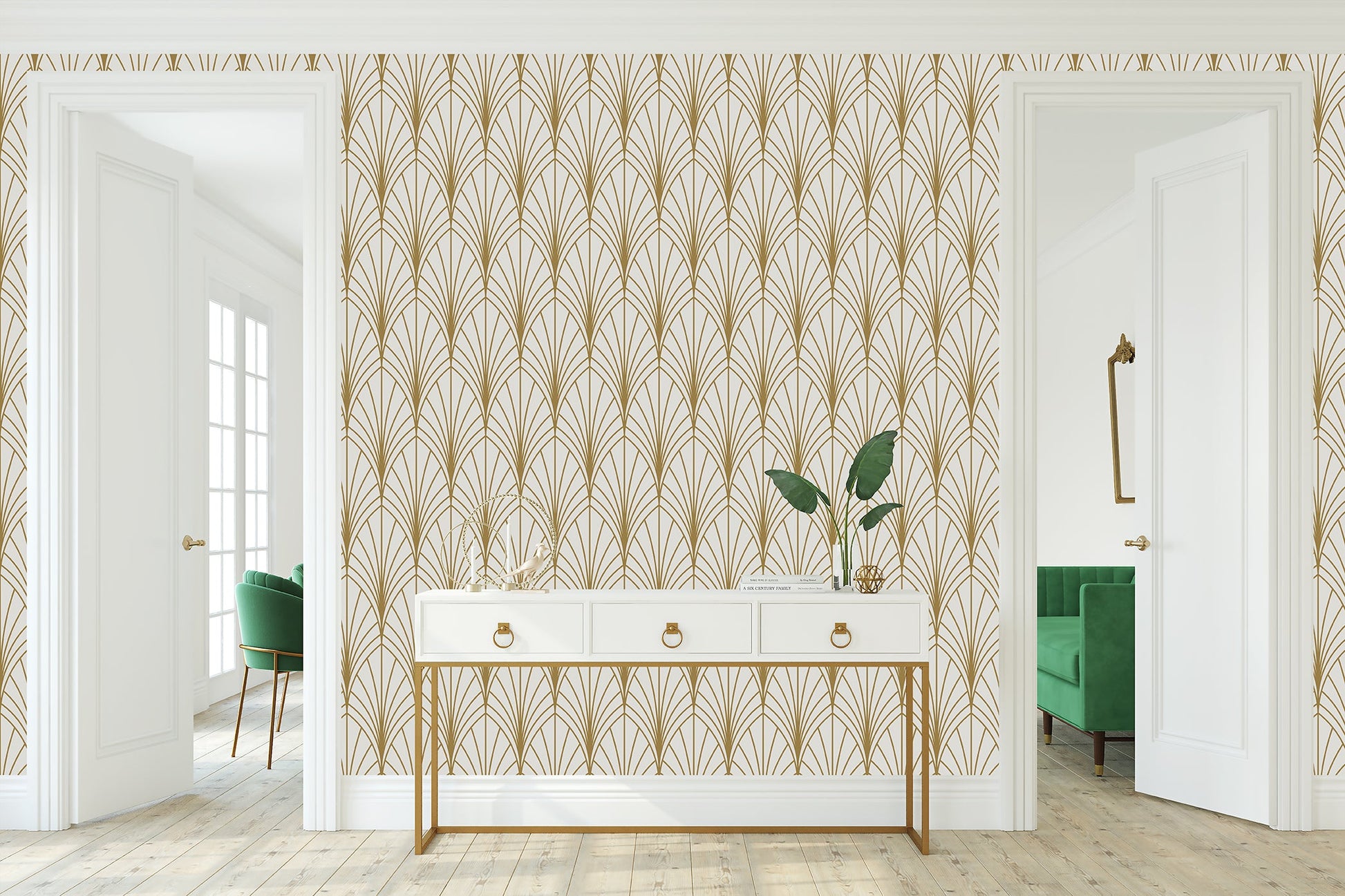 Golden Hour Arches Art Deco wallpaper with gold geometric fan shapes on ivory, enhancing a glamorous, retro room design.