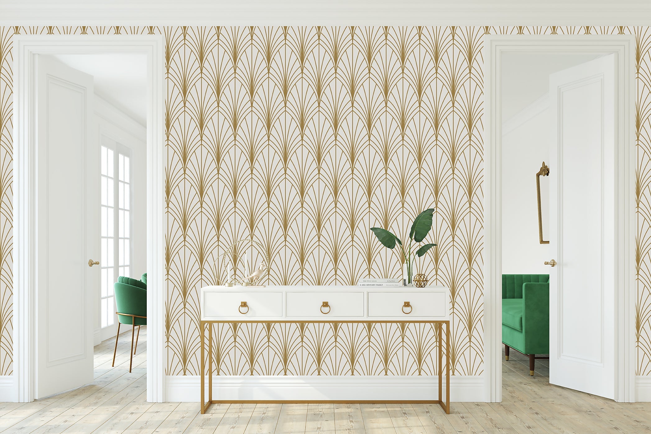 Golden Hour Arches Art Deco wallpaper with gold geometric fan shapes on ivory, enhancing a glamorous, retro room design.