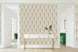 Golden Hour Arches Art Deco wallpaper with gold geometric fan shapes on ivory, enhancing a glamorous, retro room design.