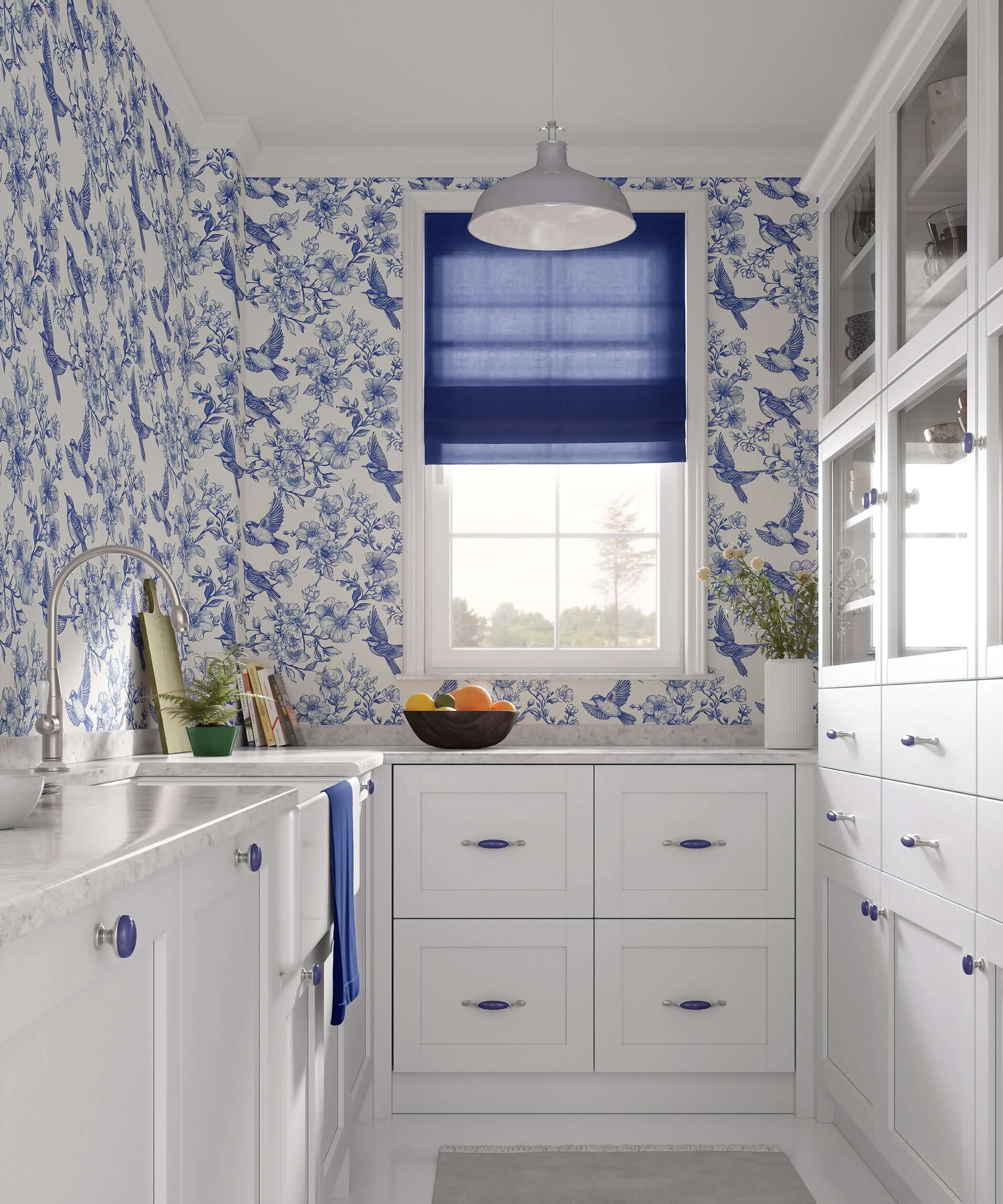 Kitchen with Songbird Garden Toile wallpaper, featuring blue-and-white toile design with birds and blossoms, creating a French country style.