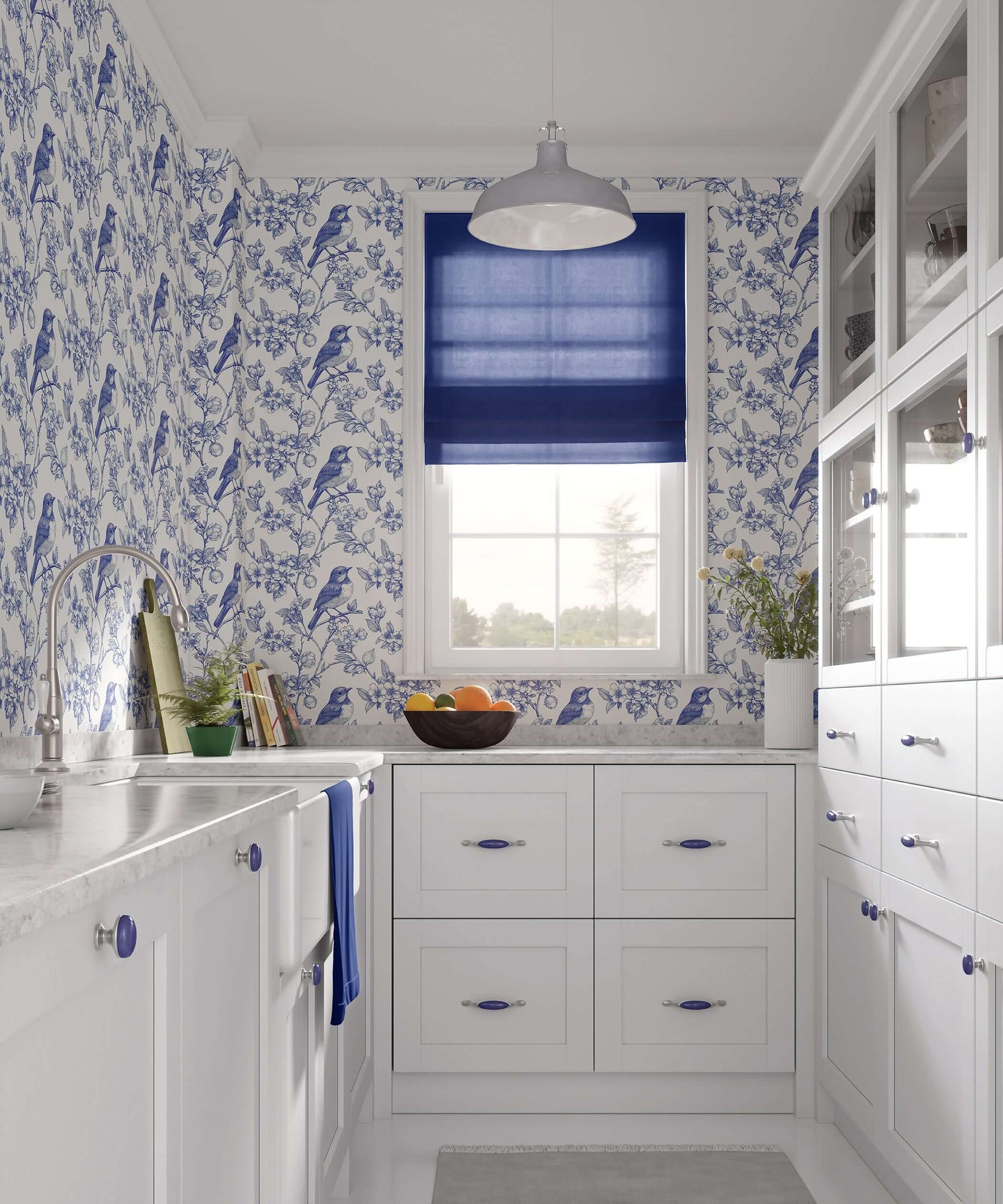 Blue songbird French toile wallpaper in a bright kitchen, featuring detailed bird and branch design, enhancing classic style elegance.