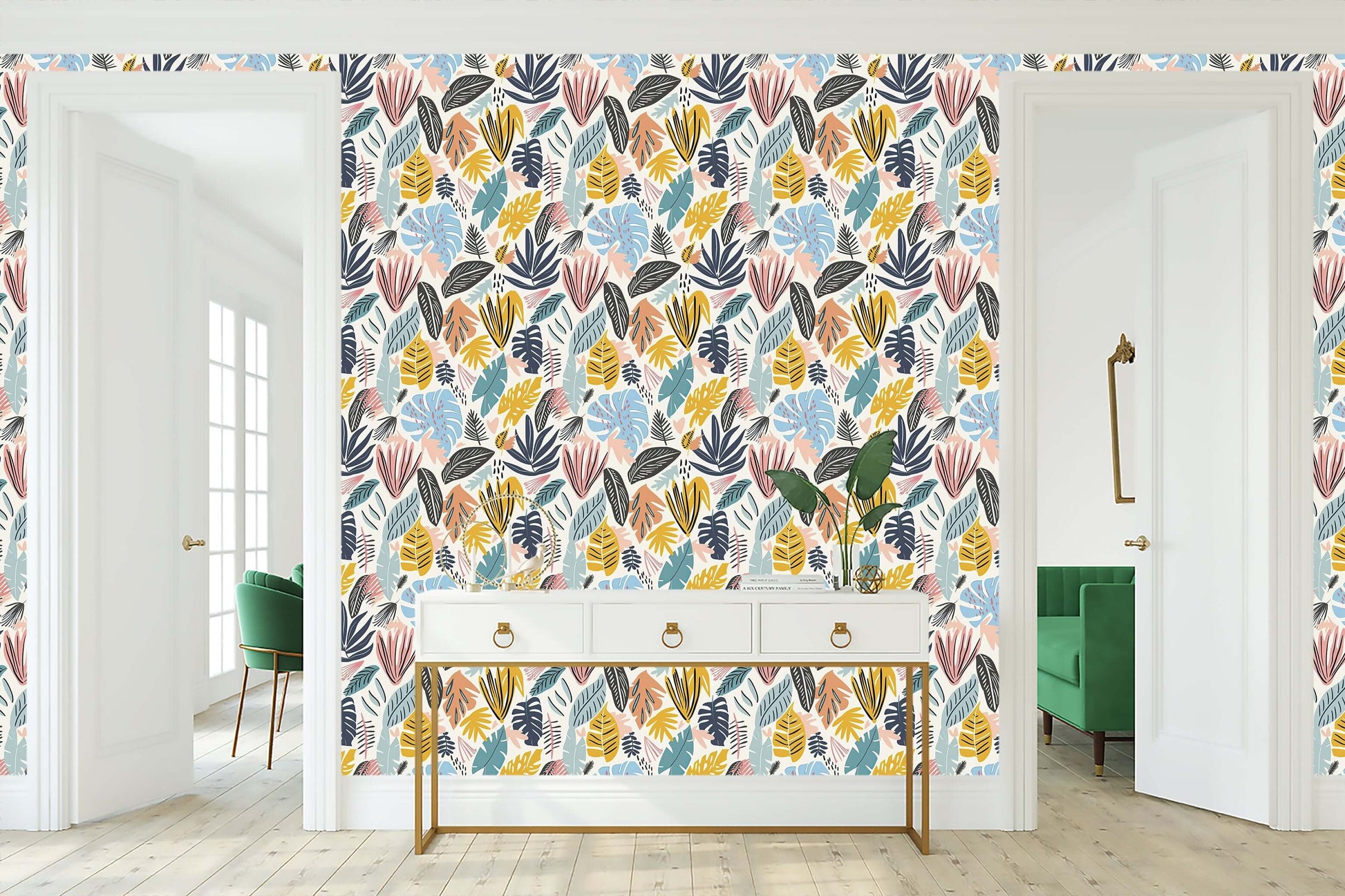 Vibrant bohemian wallpaper with tropical leaves in teal, coral, mustard, and navy, perfect for coastal accent walls.