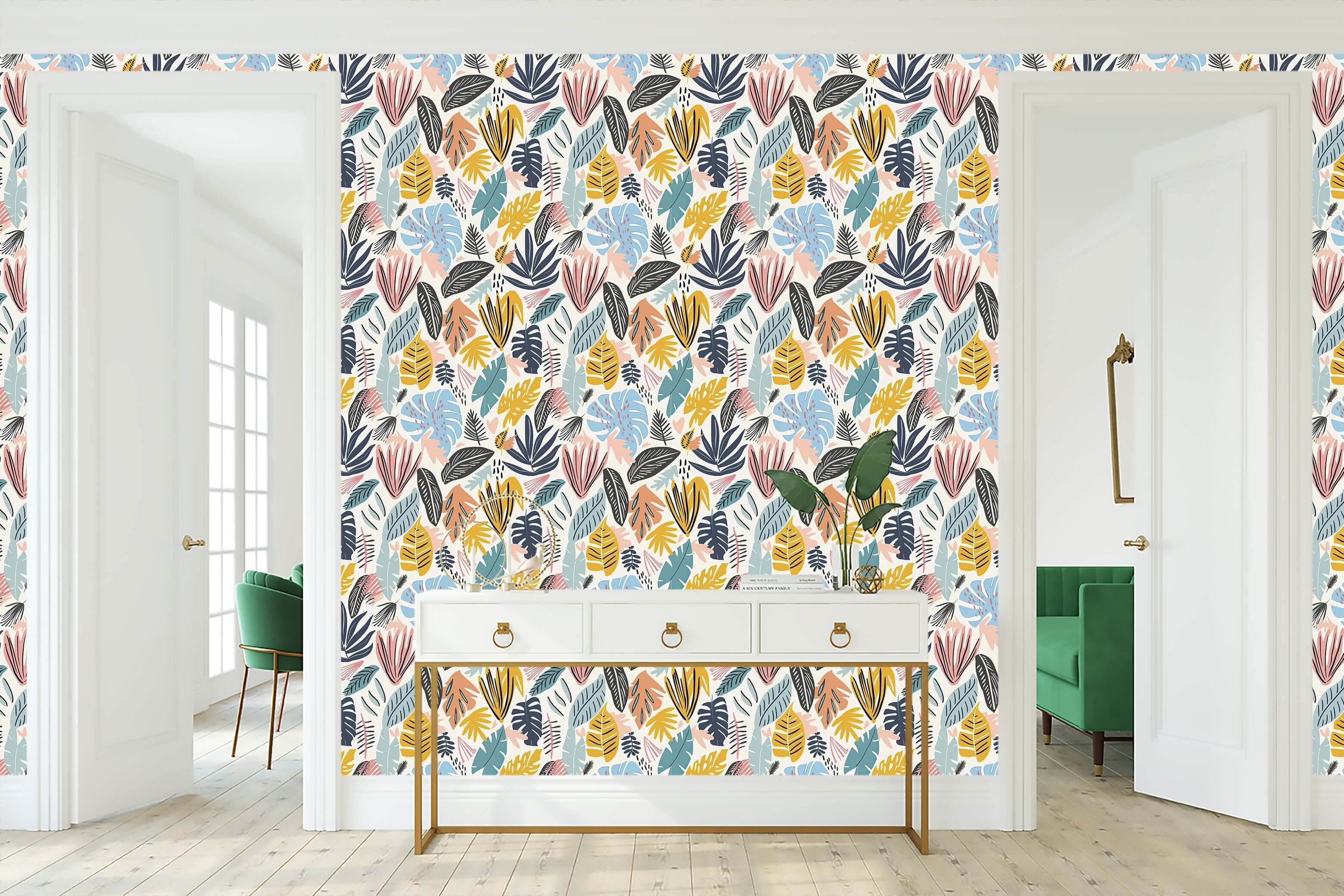 Vibrant bohemian wallpaper with tropical leaves in teal, coral, mustard, and navy, perfect for coastal accent walls.