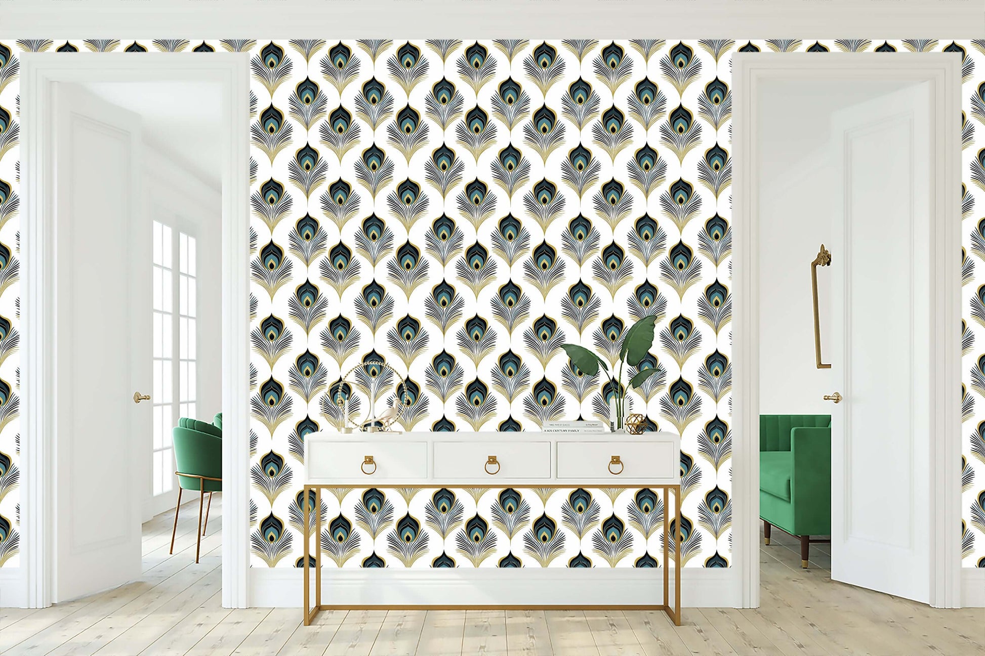 Sophisticated Plume Wallpaper featuring teal, gold, and black peacock feathers, perfect for Art Deco-themed living rooms and bedrooms.