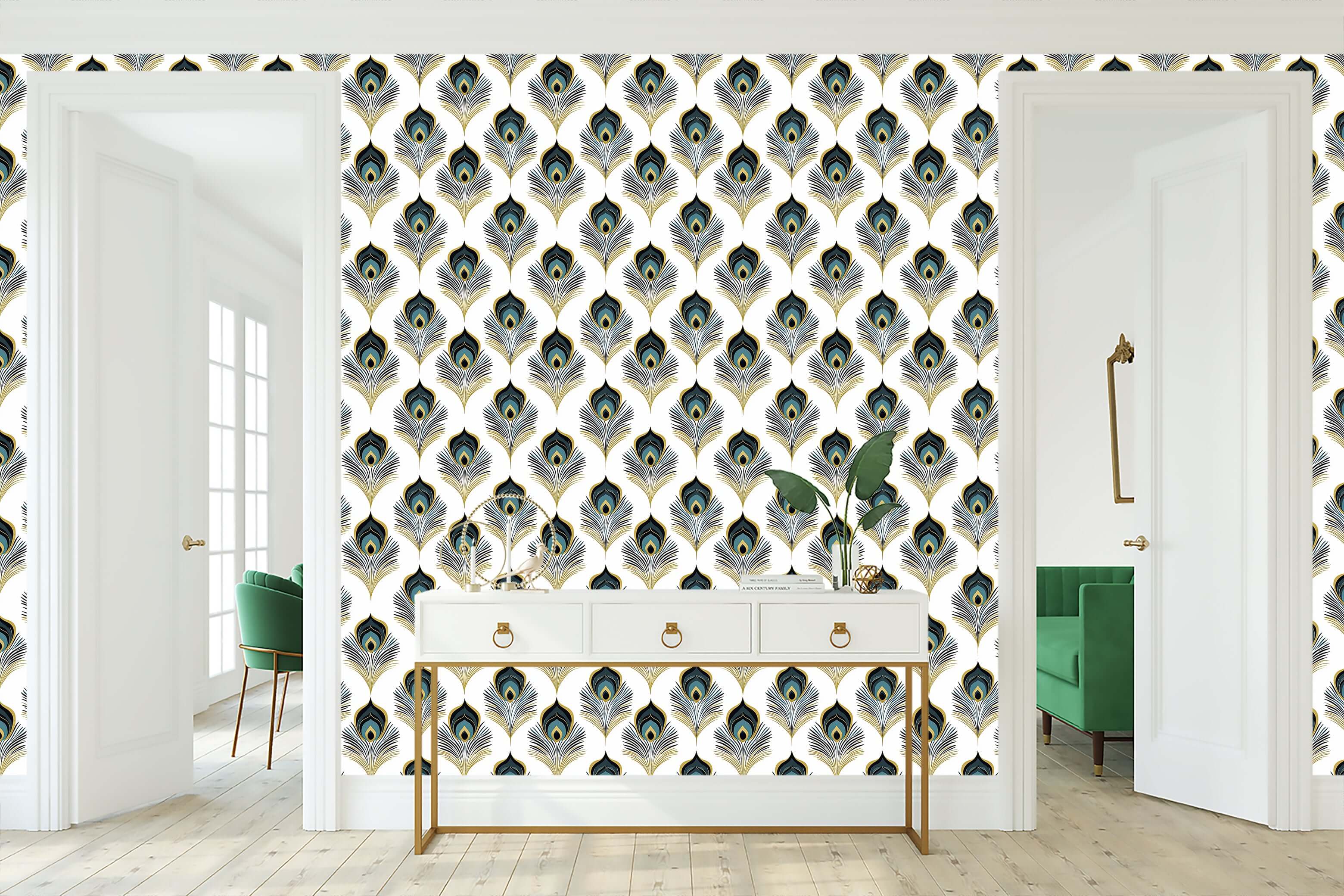 Sophisticated Plume Wallpaper featuring teal, gold, and black peacock feathers, perfect for Art Deco-themed living rooms and bedrooms.